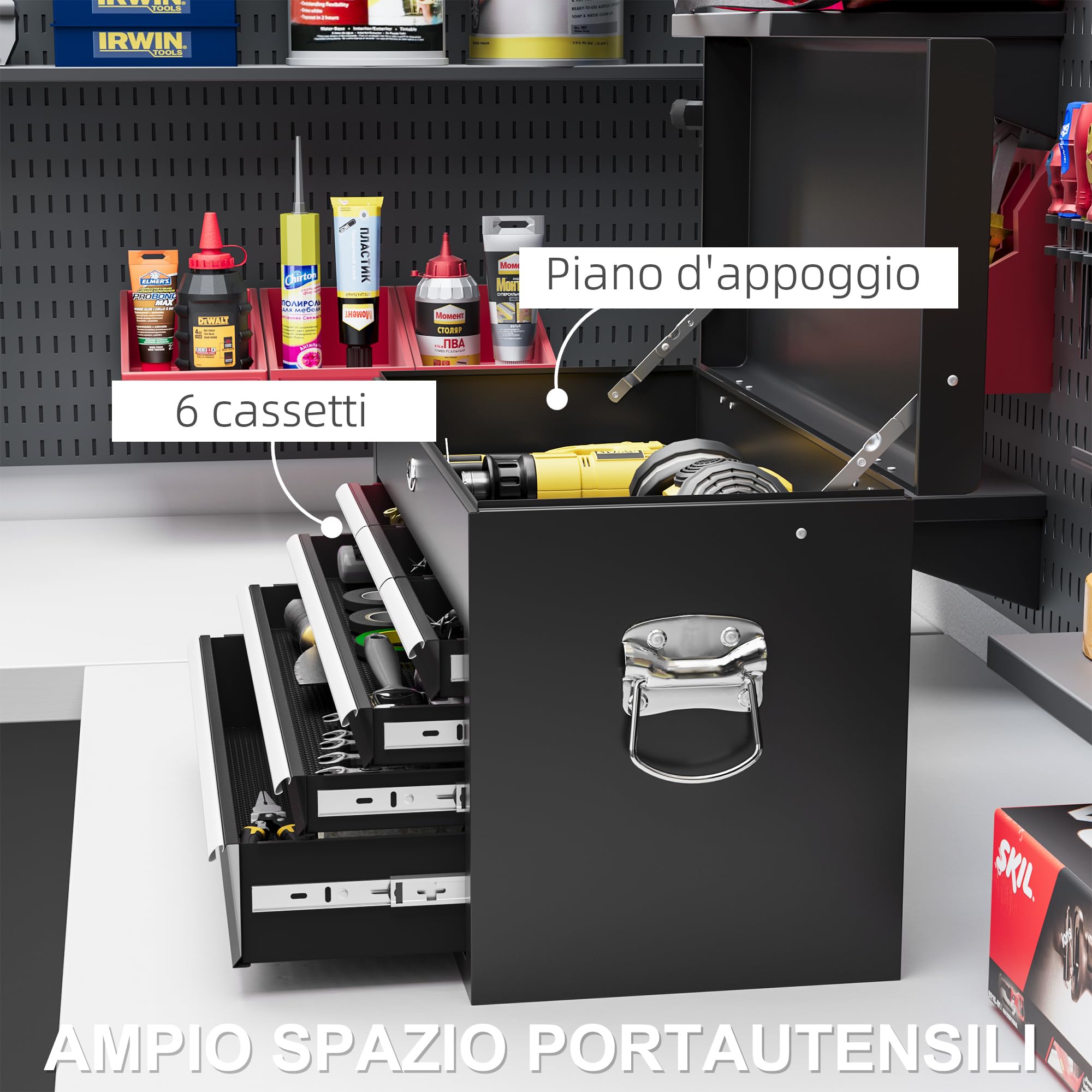HOMCOM Cassetta Porta Attrezzi a 6 Cassetti con Serratura, Cassettiera per Attrezzi in Acciaio con Guide a Sfera e 2 Maniglie, 60x26x34 cm, Nero