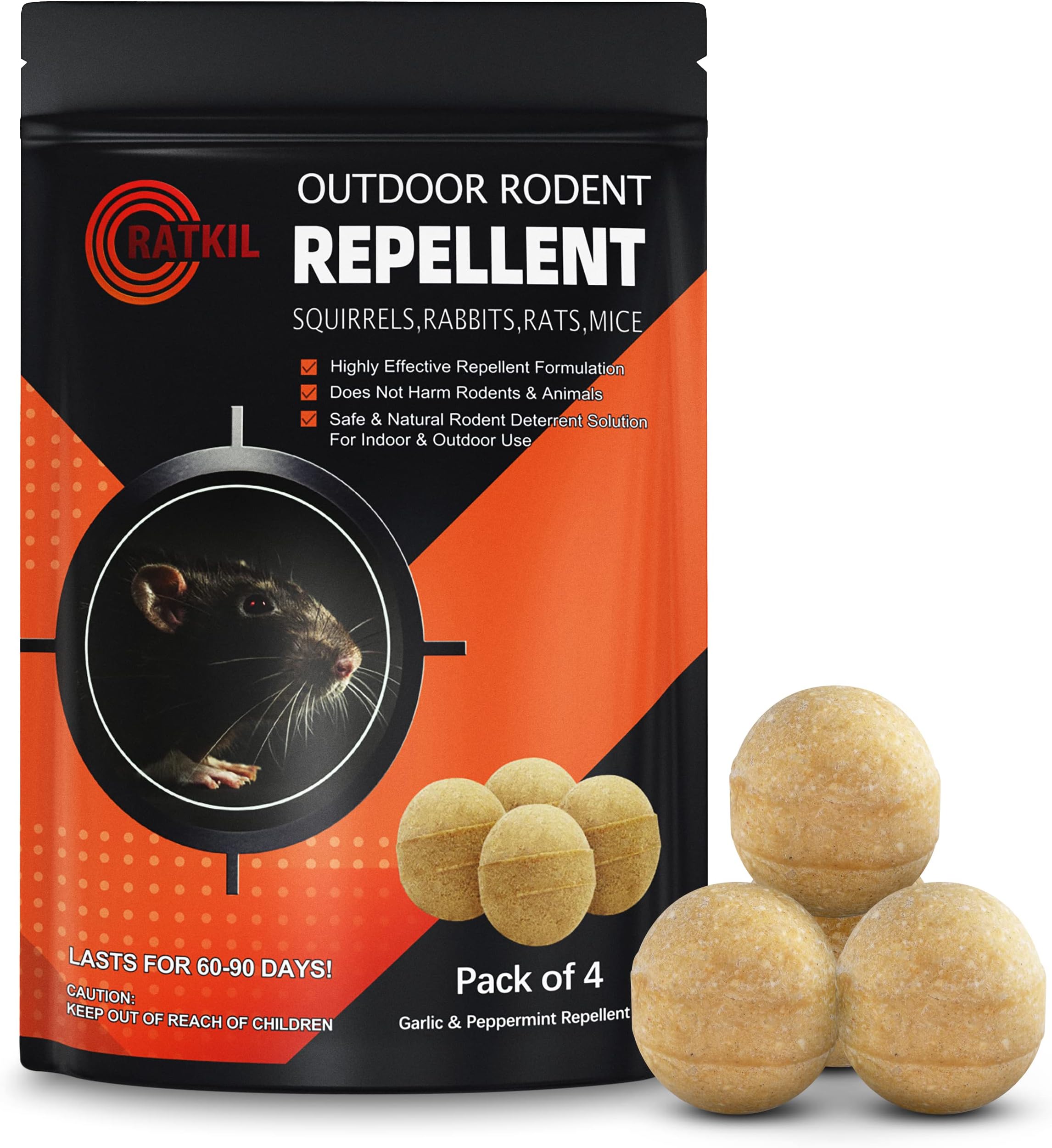 RatKil Outdoor Rodent Repellent Balls | Mouse Repellent, Rat Repellent, Squirrel Repellent - Safe & All Natural Garlic & Peppermint Repellent for Outdoors & Indoors - Pack of 4