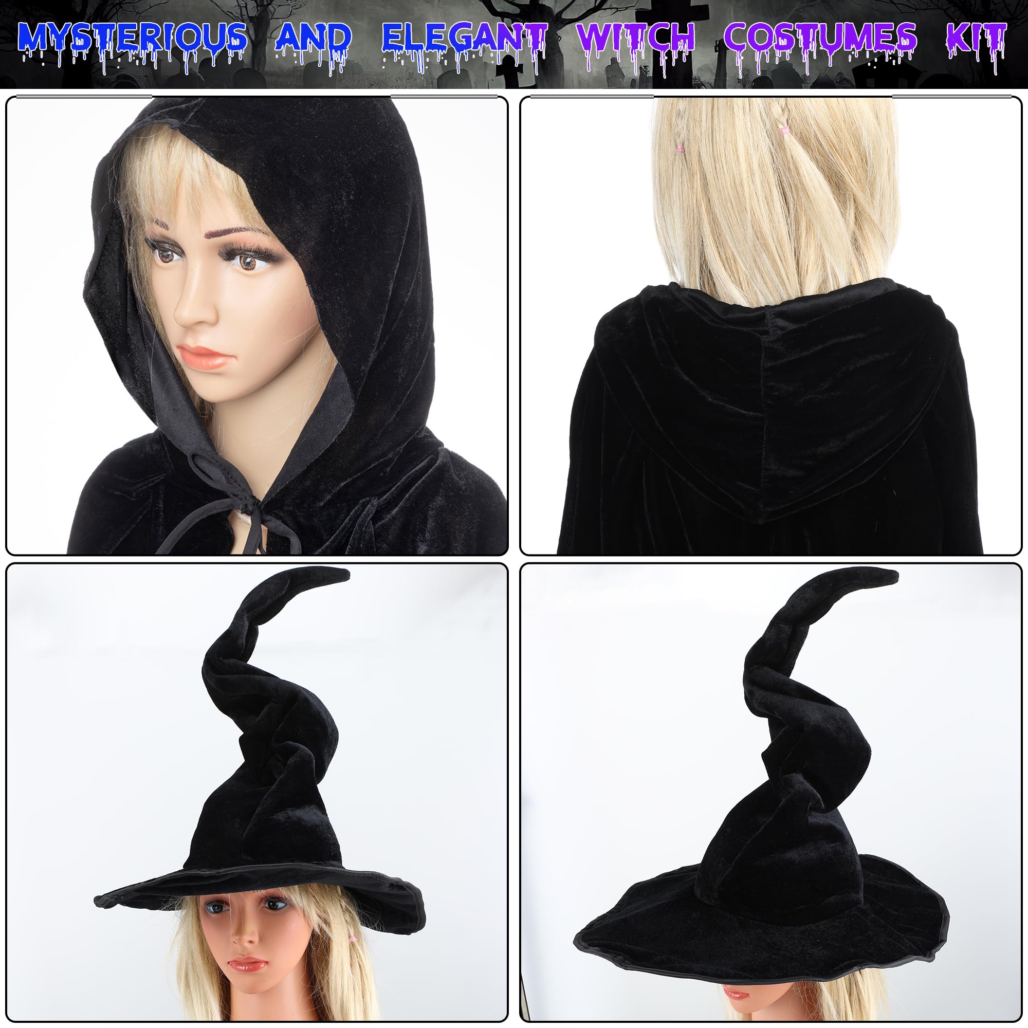 Witch Hat With Velvet Cape Costume Set Halloween Cosplay Accessories Amazon.com: Enhon Halloween Hooded Cloak and Witches Hat  main image 4