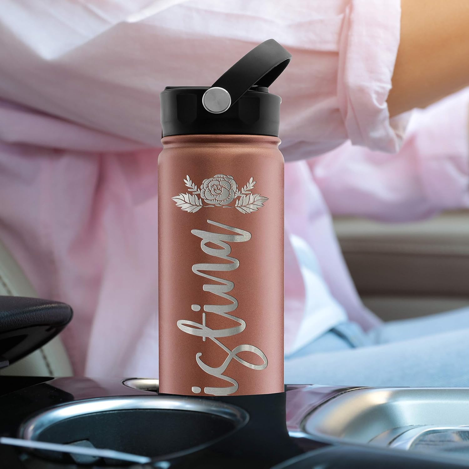 Custom Water Bottle w Straw Lid & Handle | 24 oz - Purple | Personalized Double-Wall Vacuum-Insulated Sports Water Bottle w Name, Text | Laser Engraved Water Bottle with 3 sizes, 12 designs & 9 color