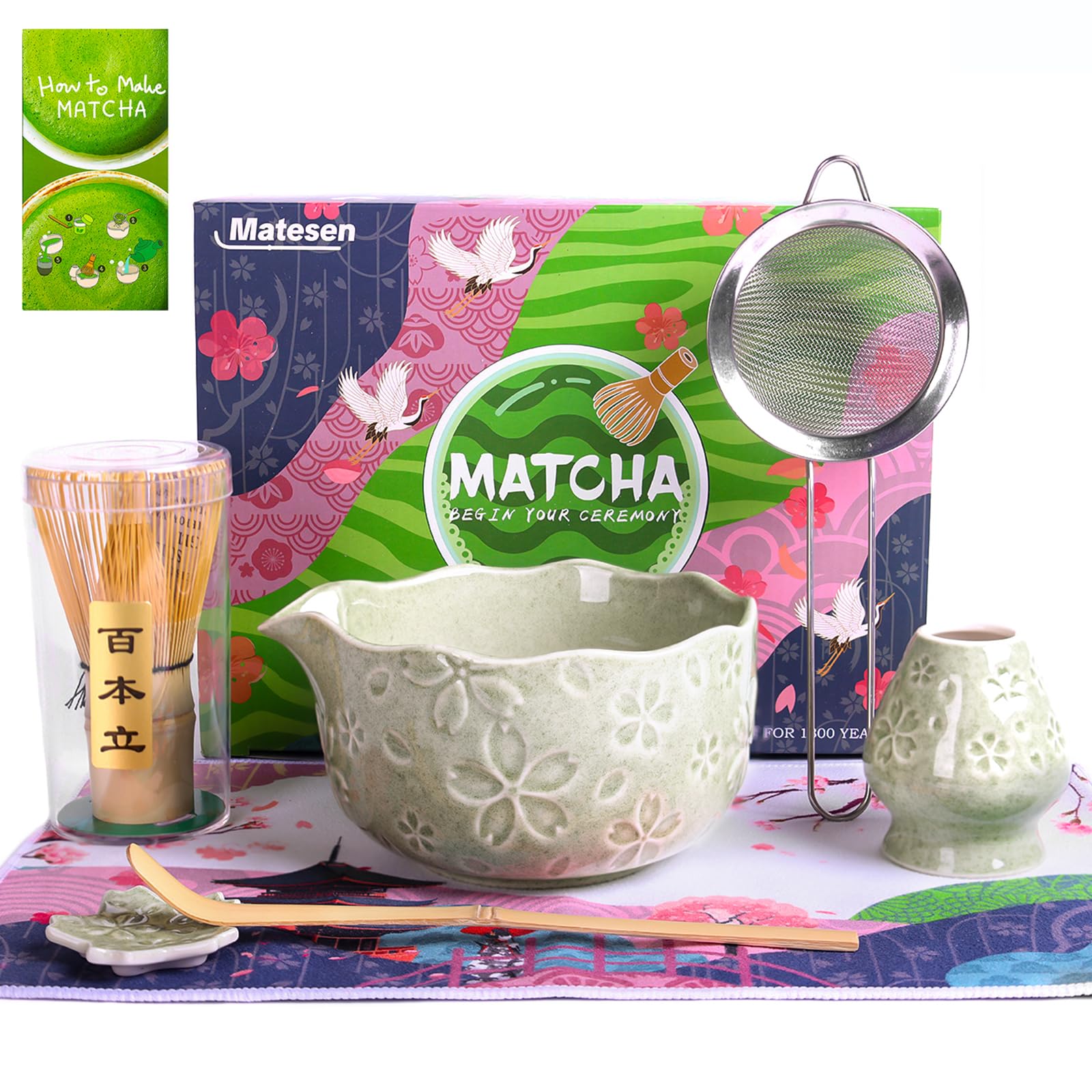 Matesen Matcha Set, 5-teiliges Matcha Besen Set,Premium Starter Set, Matcha Tee Set mit Sieb Chawan und Besen, Zubehör für das traditionelle Matcha Tea Set für Freunde und Familie