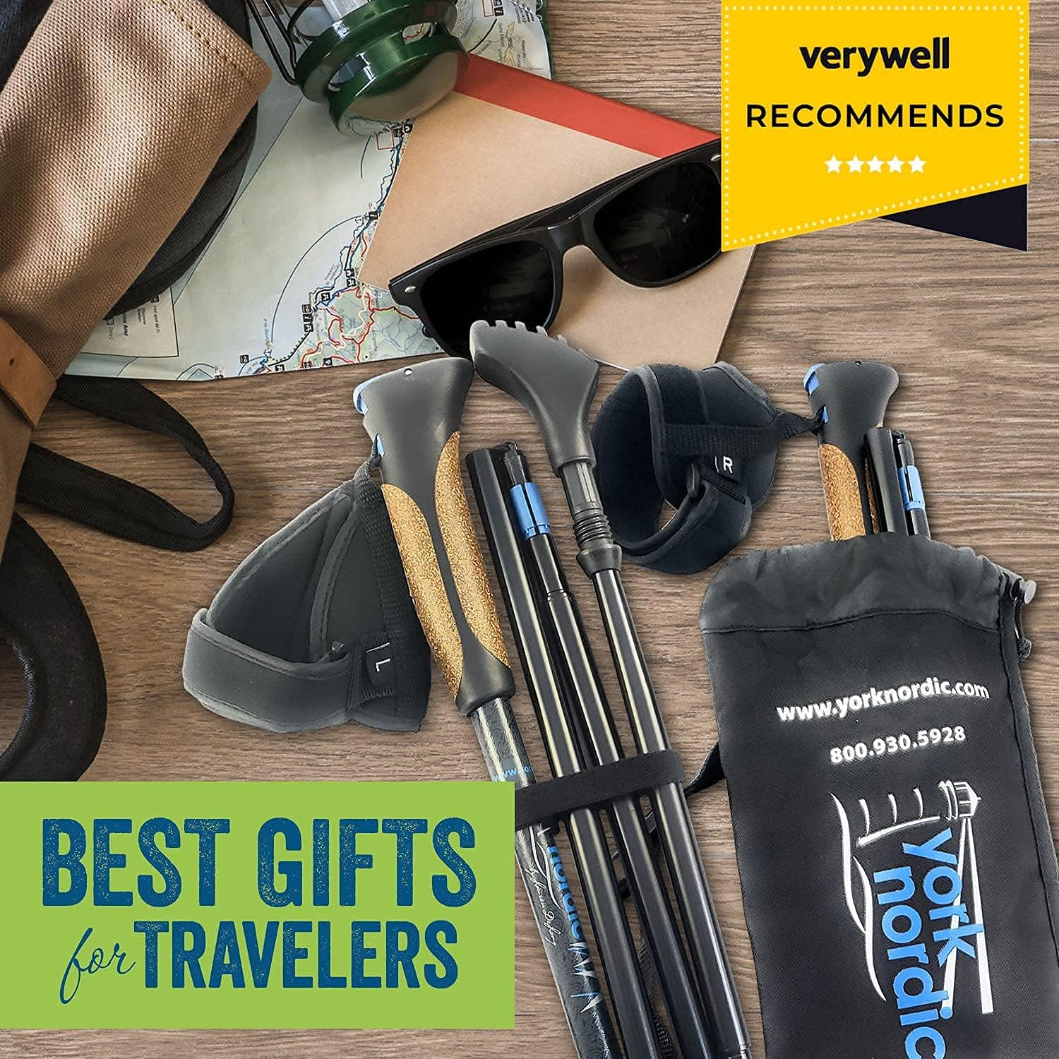 York Nordic Ultraleichte, zusammenklappbare Wanderstöcke – für Reisen geeignet – mit Gummifüßen, Körben und Tasche (Nordic Grips – unter 1,6 m)
