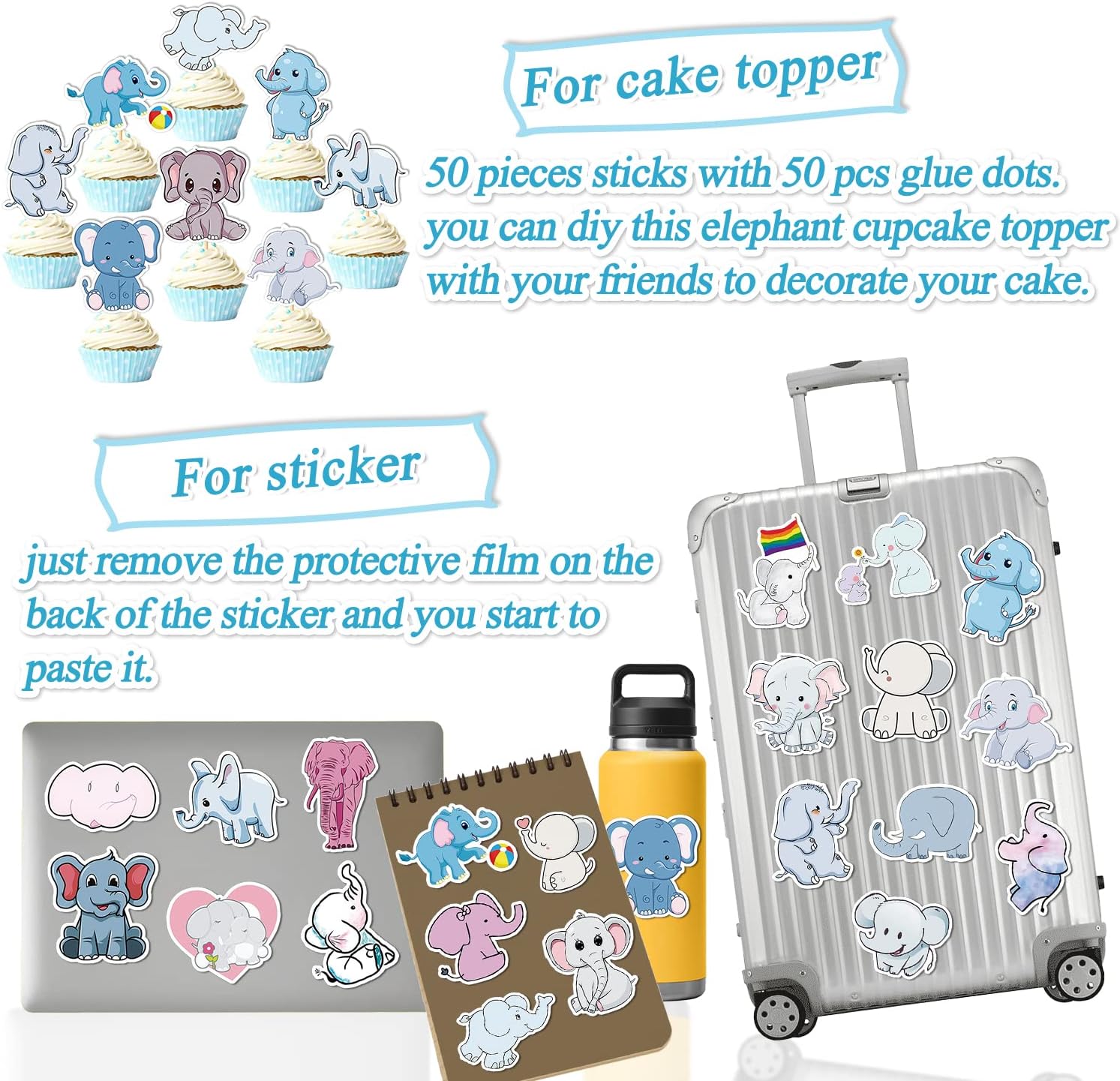 50 Pieces Elephant Cupcake Toppers Elephant Cake Decoration Elephant Theme Stickers (2 in 1) Baby Shower Gender Reveal Birthday Party Decoration