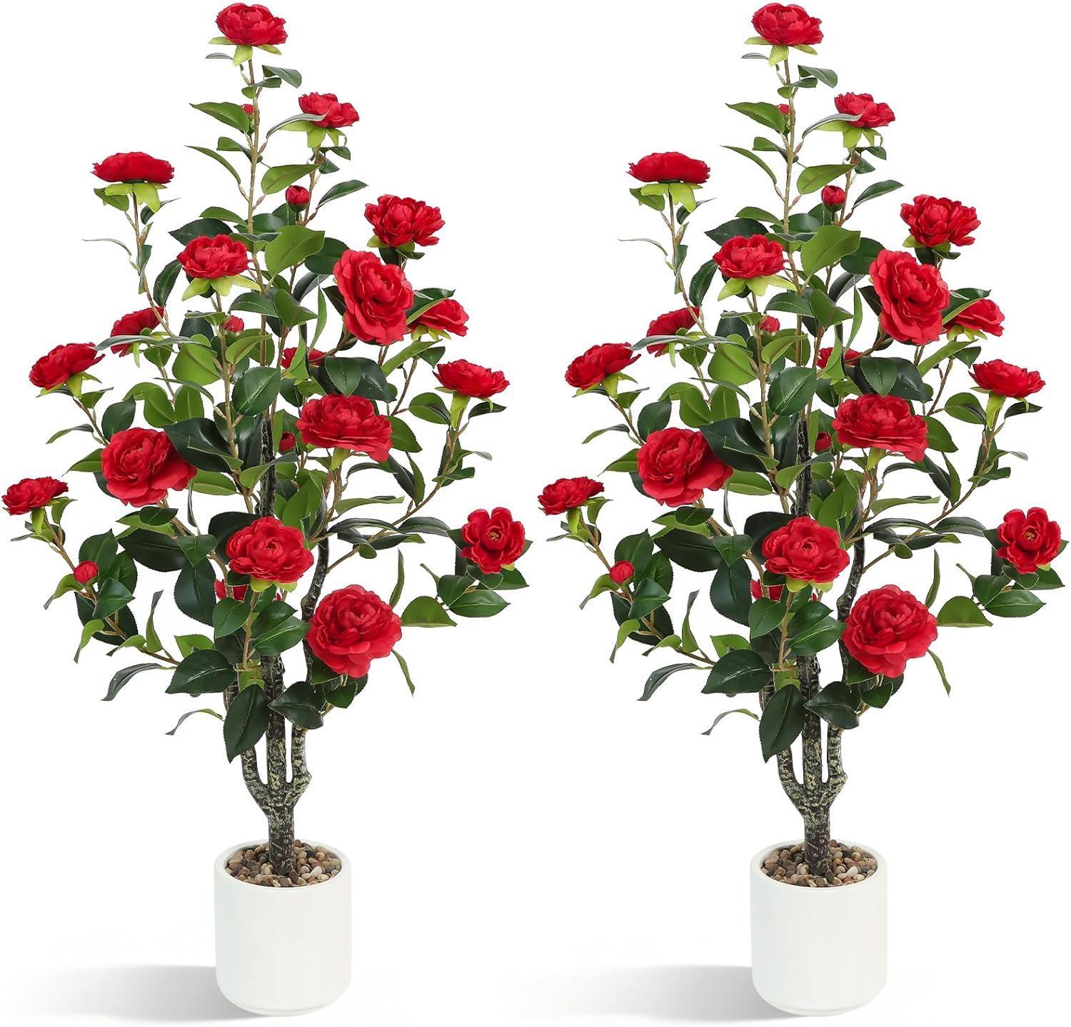 Artificial Camellia Tree 2 Pack – 40'' Realistic Fake Potted Plant with 30 Red Flowers, Lifelike Faux Camellia Trees for Home, Living Room, Patio, Wedding, Event Decoration