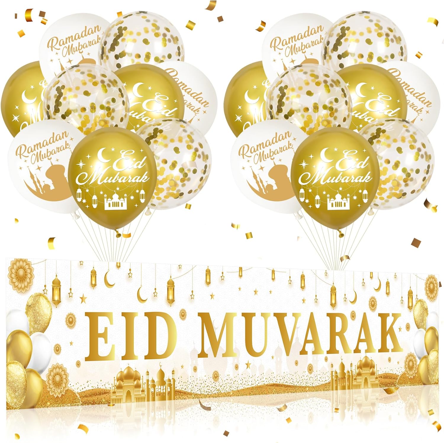 Eid Mubarak Decorations, Eid Decorations for Home - White Gold 98x18 Inch EID Al-Fitr Banner Sign with 18Pcs Star Moon Lantern Balloons for Ramadan Kareem Festival Celebration Party Supplies