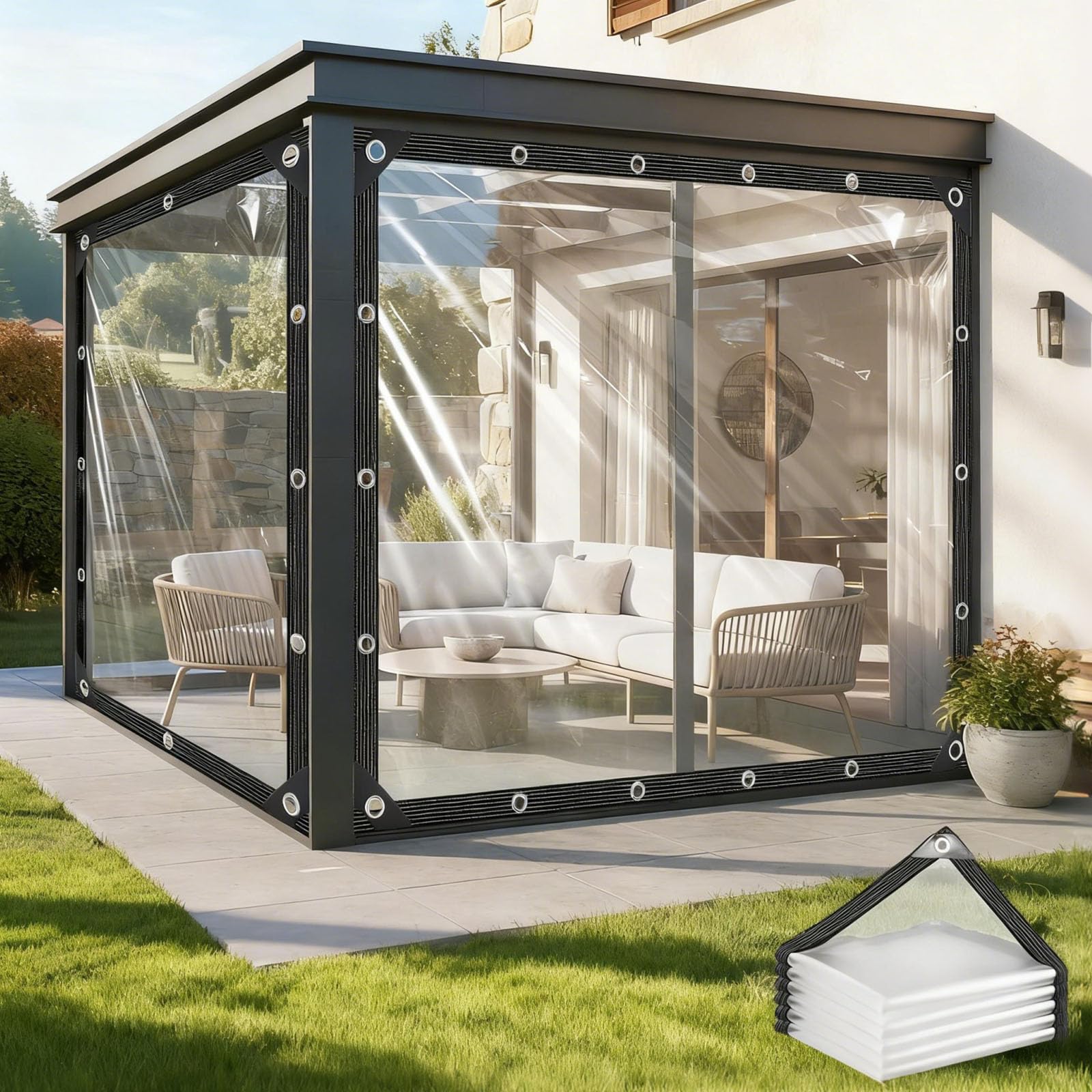 Lona transparente impermeable para proteger muebles de jardín y piscina