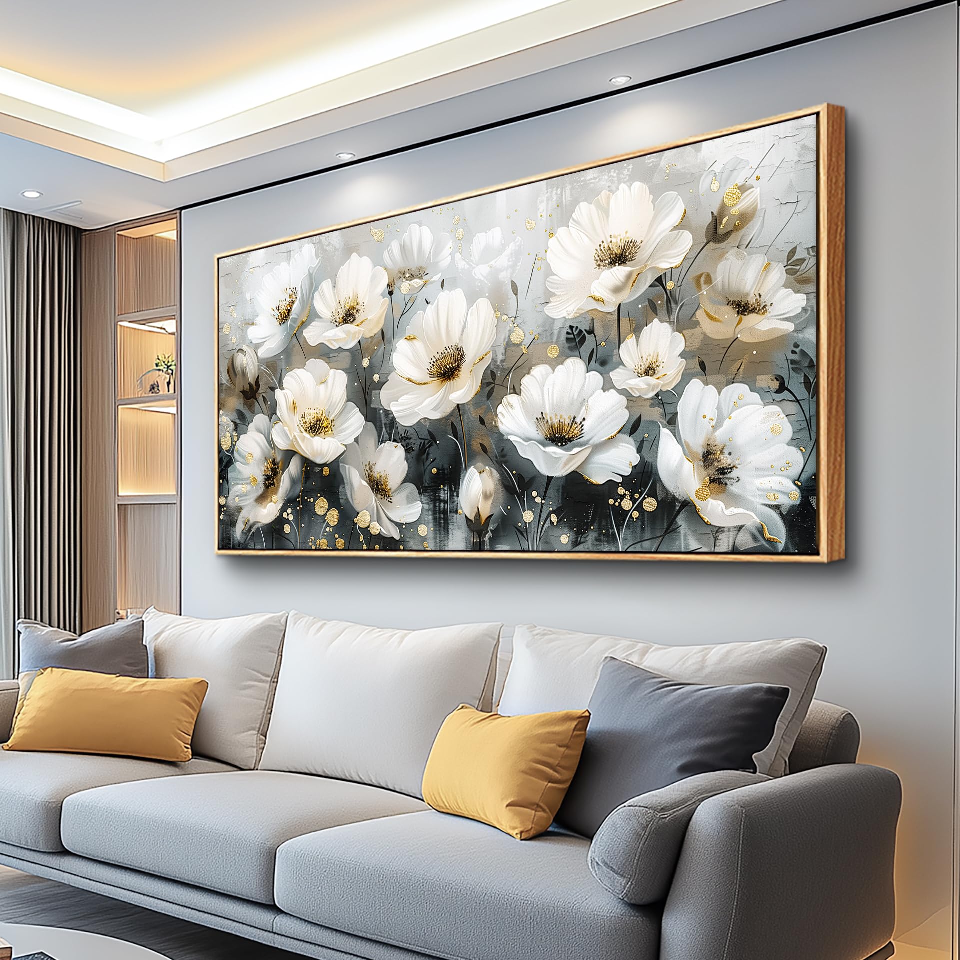 PHAOHUAXM Large Canvas Wall Decor For Living Room Wall Art For Bedroom Office Wall Decorations Print White Ink-Wash Flower-Shaped Wooden Frame Printed