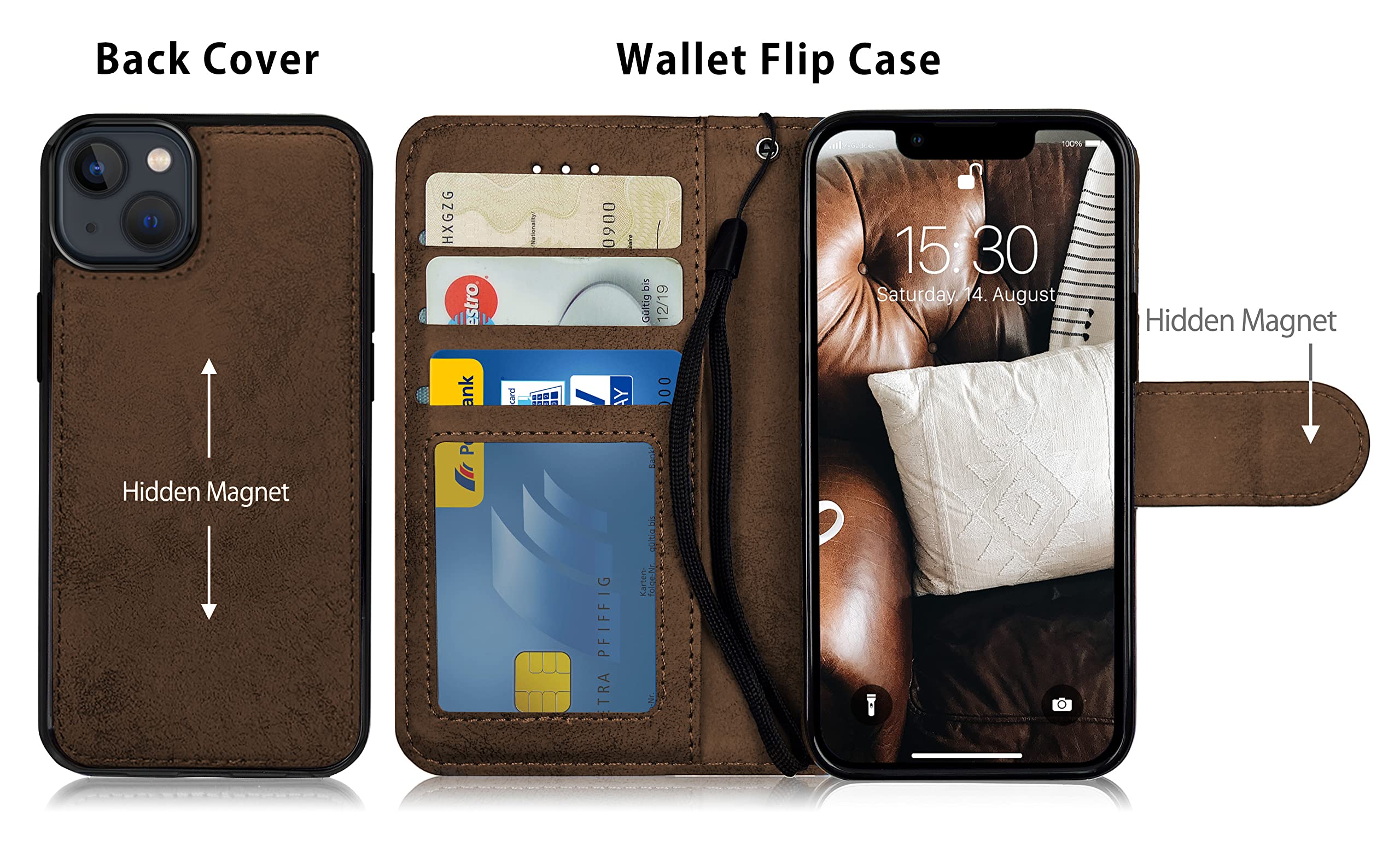 MyGadget Flip Case Für IPhone 14 – Abnehmbare Magnethülle Mit Kartenfach, Grau-schwarz