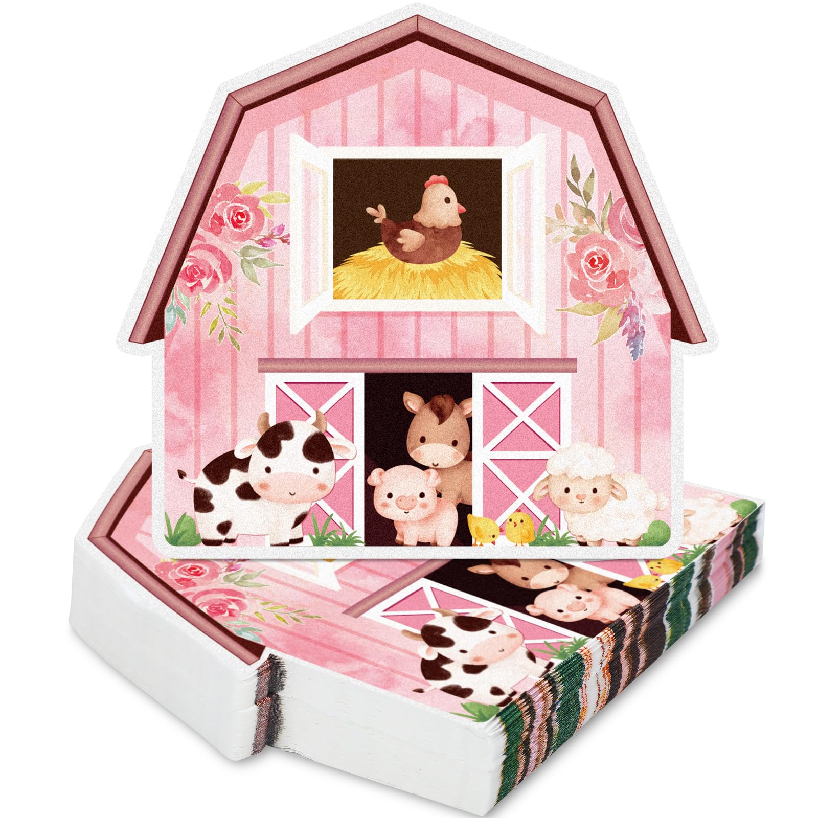 100 Pcs Farm Animals Napkins 13 x 13 Inch Pink Barnyard Napkins Farm Animals Birthday Party Decorations Cow Party Decorations Disposable Paper Napkins for Girl Boy Baby Shower Birthday Party