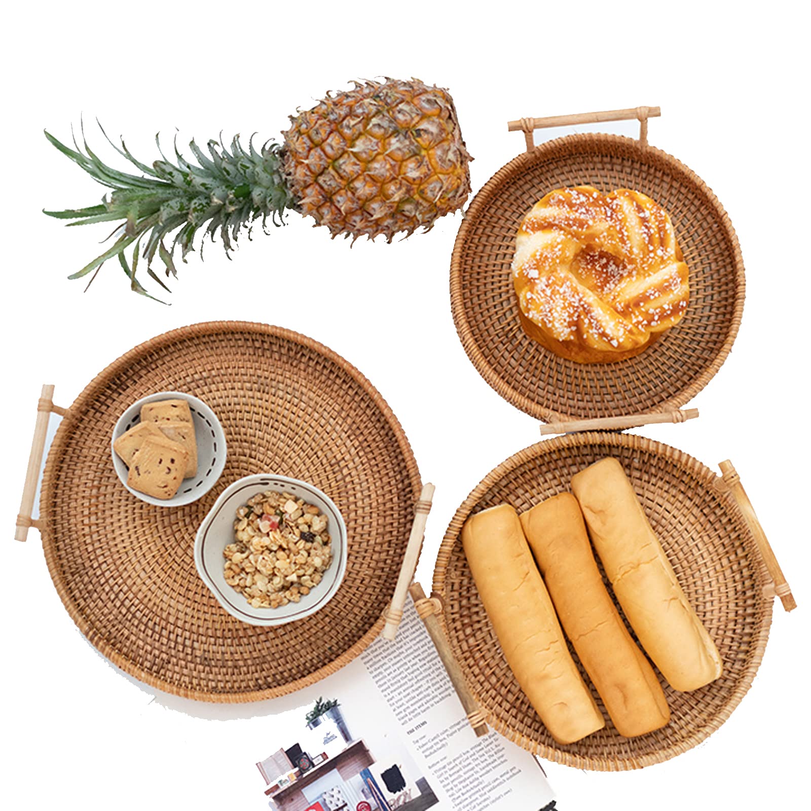 Buy 3 Pack Round Rattan Decorative Serving Tray with Handles, 3Size