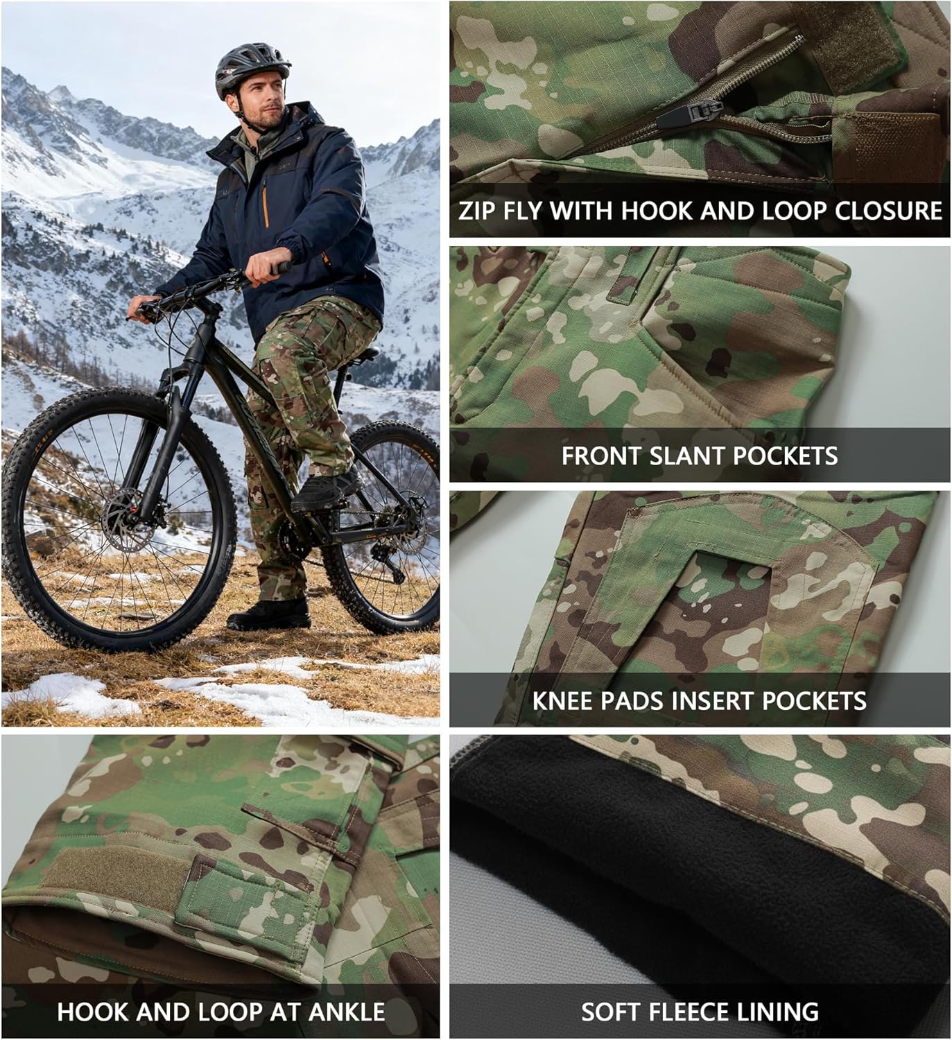 Men's Fleece Lined Tactical Pants Thermal Camo Cargo Pants Winter Waterproof Hiking Pants Insulated Work Pants - Image 4