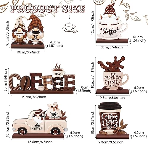 Miniatura 2 de Blosssound 6 Pcs Coffee Bar Decor Sign Coffee Bar Accessories Farmhouse Gnomes Rustic Table Centerpiece Wood Tiered Tray Decor Table Signs for Home