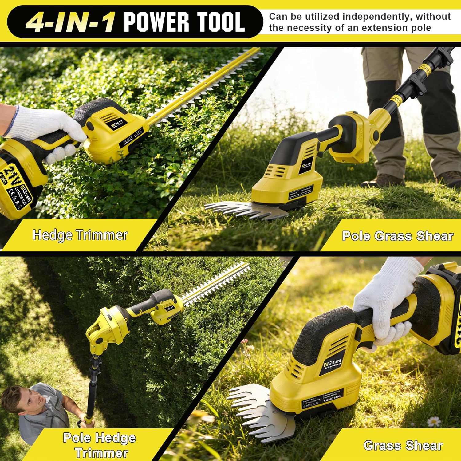 4-in-1 Pole Hedge Trimmer Cordless - Electric Hedge Trimmer & Grass Shear with Extension Pole, 2*4.0Ah Battery,180° Adjustable Angle,16Ft Reach,Hedge Trimmers Cordless with Battery for Shrubs Pruning