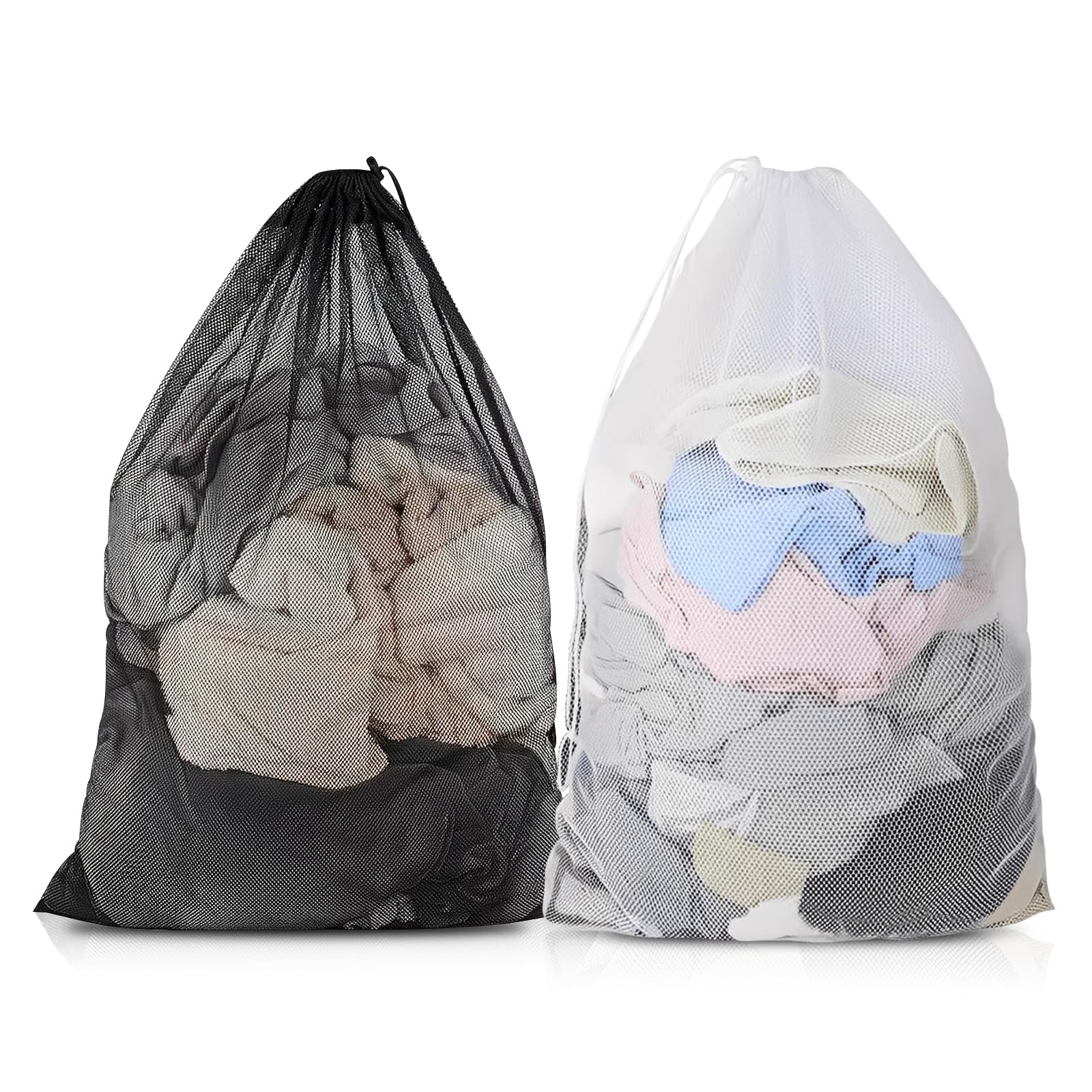 Mesh Laundry Bags, 2 Pcs Laundry Net Bags, 60 x 90cm Large Mesh Laundrys Bag with Lockable Drawstring Washing Machine Bag for Dirty Clothes Beddings Plush Toys(Black+White)