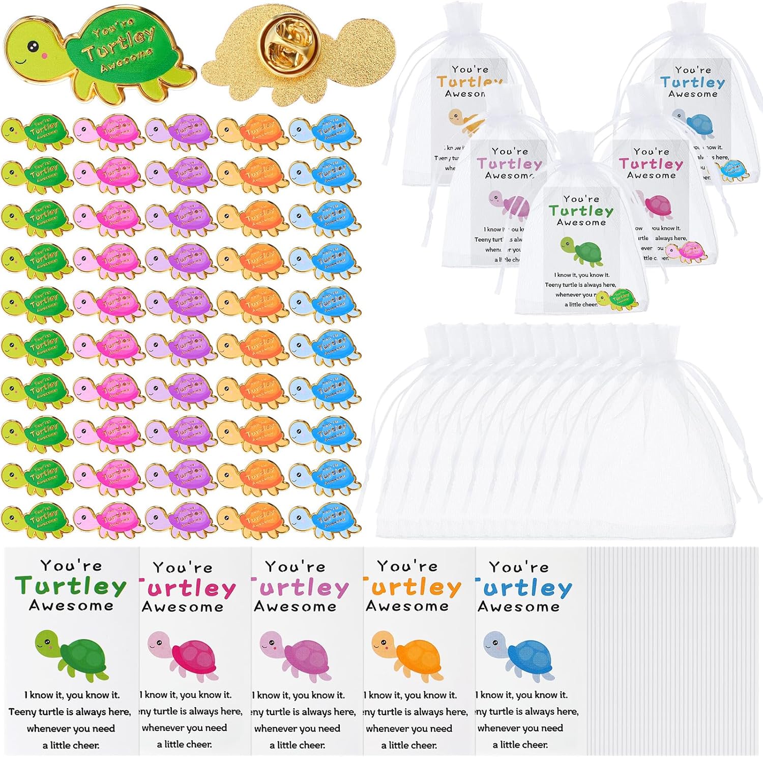 Juexica 50 Sets Employee Appreciation Gifts Bulk Positive Turtle Pins You're Awesome Inspirational Notecard Thank You Gift for Coworker Staff Volunteer Teacher Students Christmas Favor (Colorful)