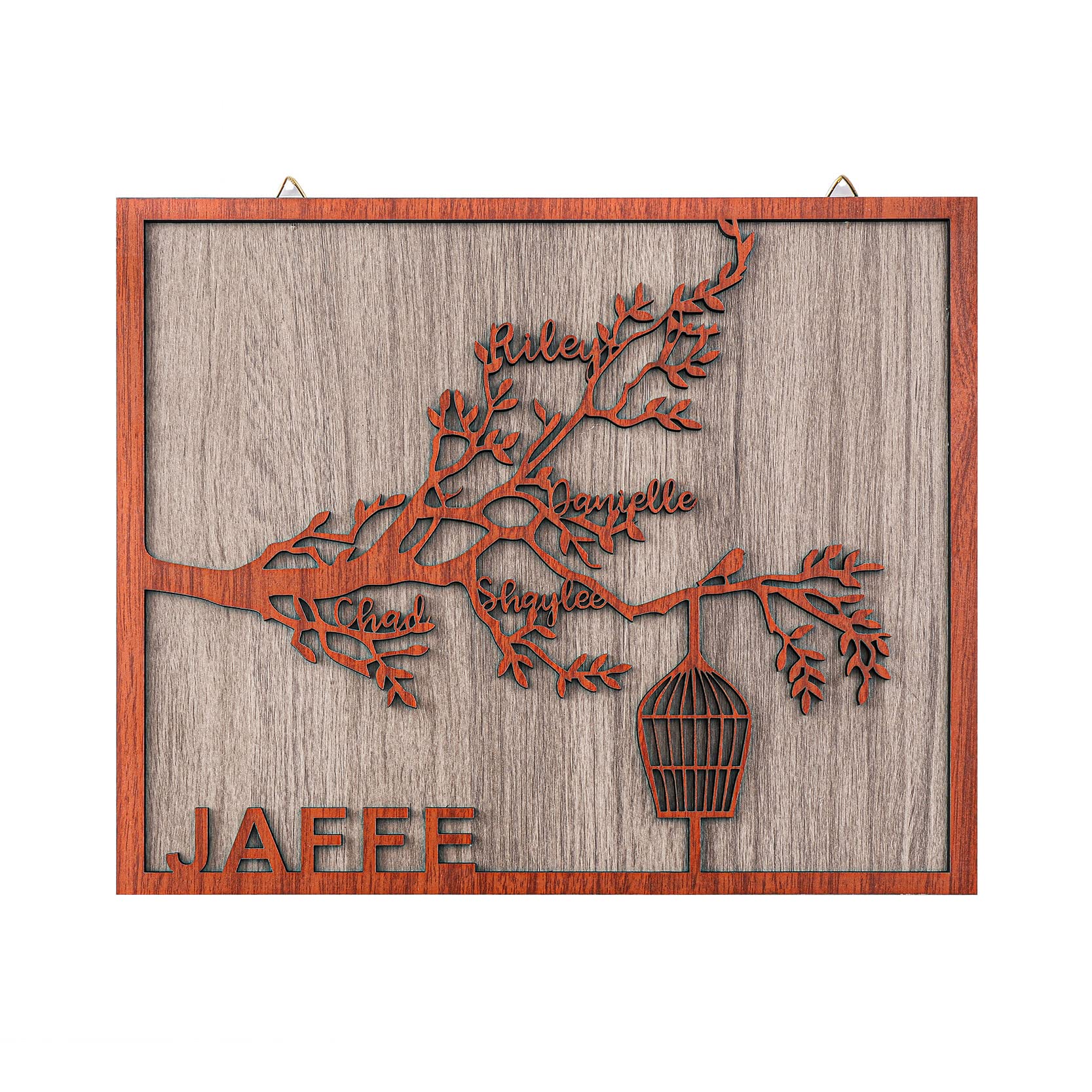 Cartel de madera de árbol familiar personalizado, carteles de pared con nombre de familia personalizado, rama de árbol con jaula, inauguración de la casa, regalo de boda, decoración de arte de pared