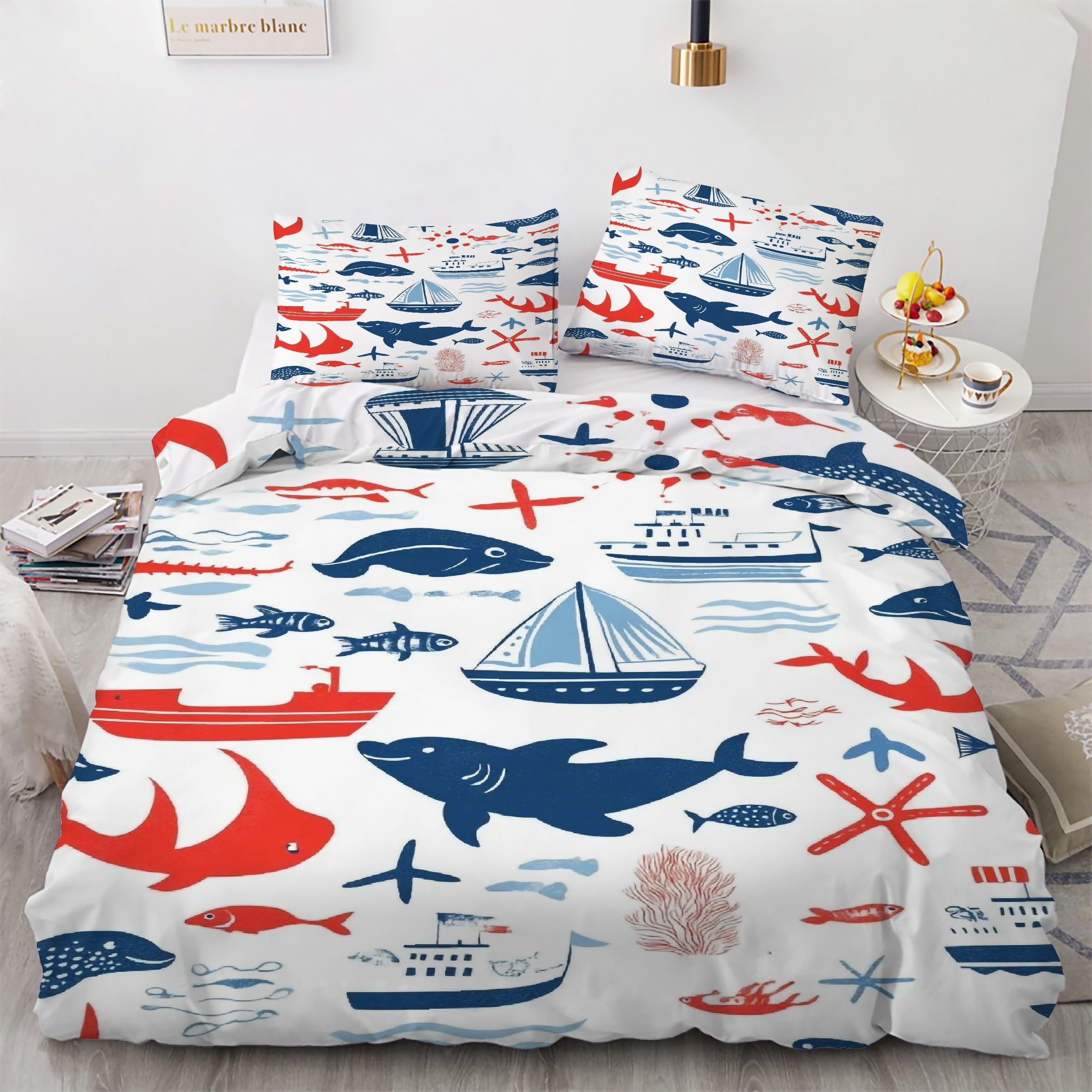 Parure de lit 90x190 requin housse de couette bateau lit enfant 3 pièces zippée