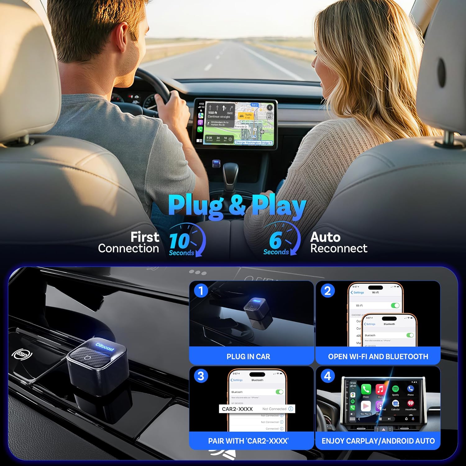 2026 Next-Gen Flagship Ottocast Mini Core, 2-in-1 Wireless CarPlay & Android Auto Adapter, One-Touch Device Switching, Plug & Play, WiFi 6 & Bluetooth 5.4, Auto Connect for iPhone & Android