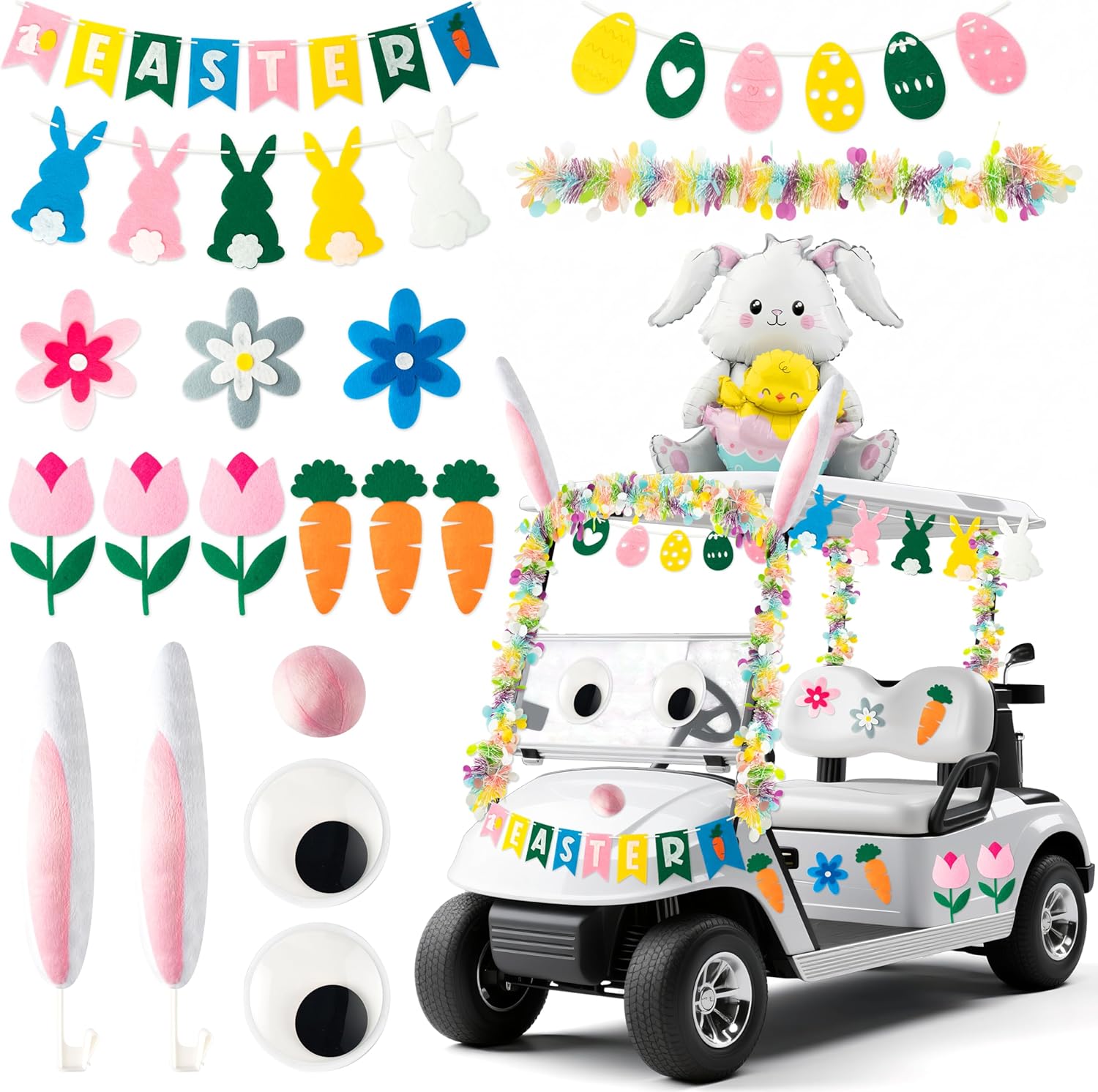 K1tpde 21PCS Easter Golf Cart Decoration Kit - Large Pink Plush Ears with Nose, White Rabbit Foil Balloon, Colorful Garland, Bunny Egg Banner, Flower Felt Sticker for Easter Car Holiday Parade Decor