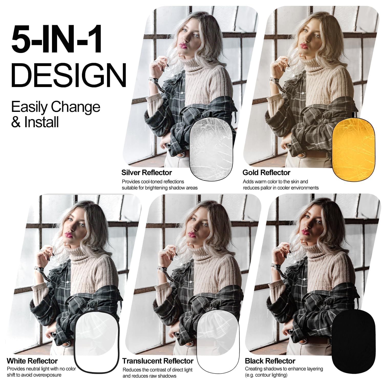 EMART 24'' x 36''(60 x 90cm) 5 in 1 Photo Collapsible Photography Reflector with Bag, Large Oval Portable Panel for Studio Video, Portraint, Outdoor Shooting -Translucent, White, Silver, Gold, Black