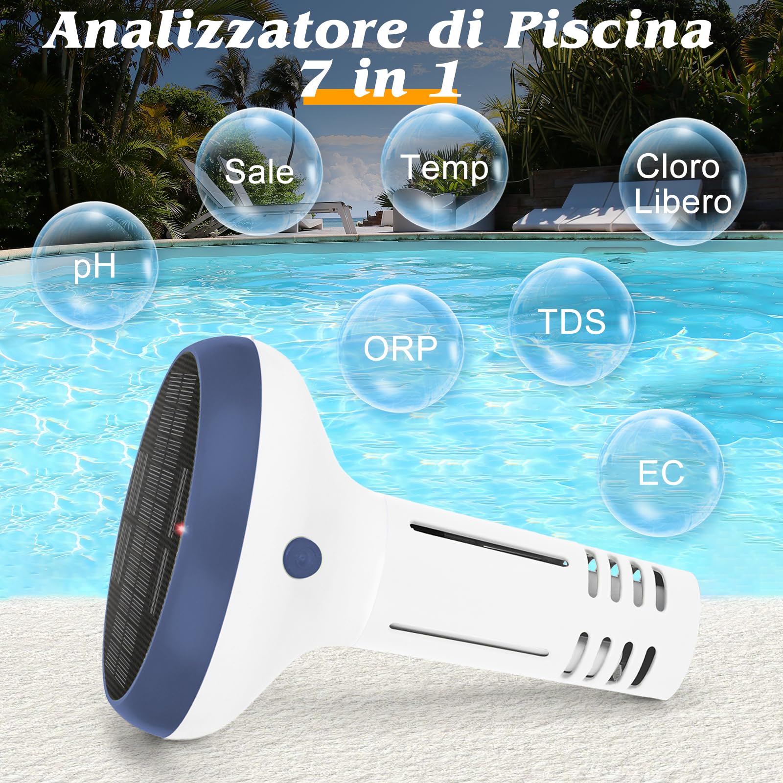 UIUZMAR Misuratore di Cloro e pH Piscina WiFi, Analizzatore Intelligente 7 in 1 per Acqua Salata e Piscina, Misura pH, Cloro Residuo, Sale, ORP, EC, TDS, Temperatura, con Ricarica Solare