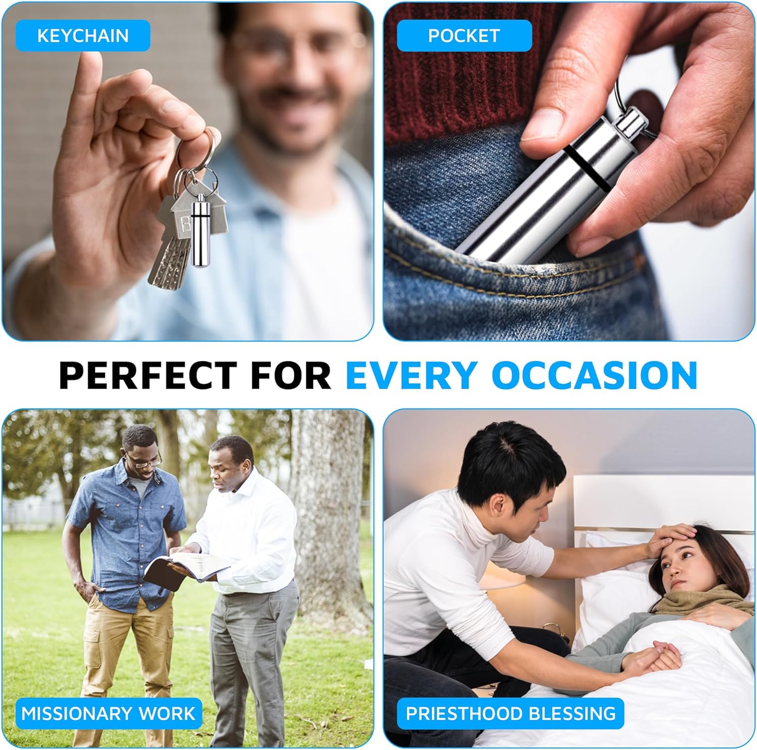 LDS Oil Vial Keychain – Aluminum Anointing Oil Container with Rubber Seal – Small Essential Oil Holder for Elders or Sons (4-Pack - Silver)