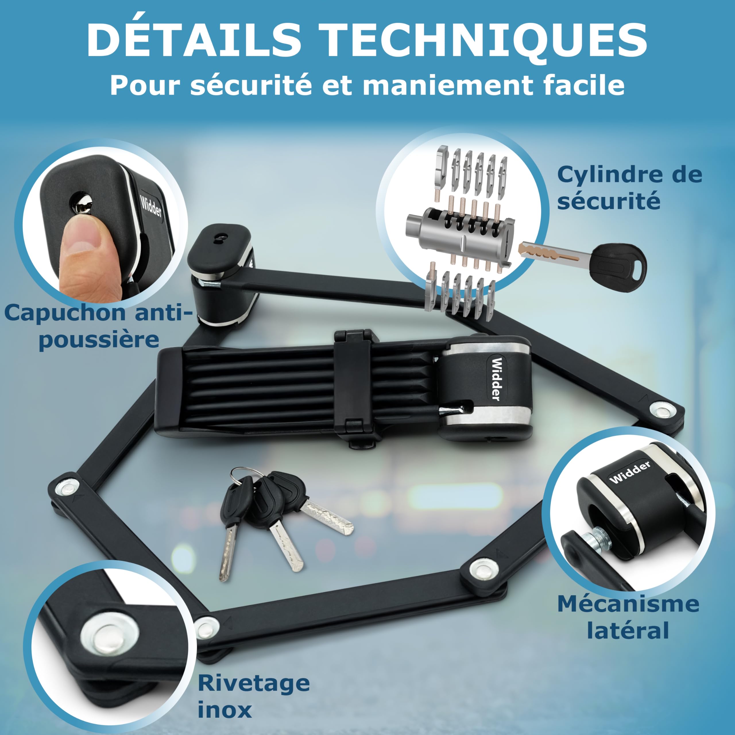 Widder Antivol pliant vélo extrêmement sûr [Acier titane niveau 15] | Antivol vélo haute sécurité 99 cm avec clé [3x] & support – Antivol à maillons pour E‑bike, trottinette & velo