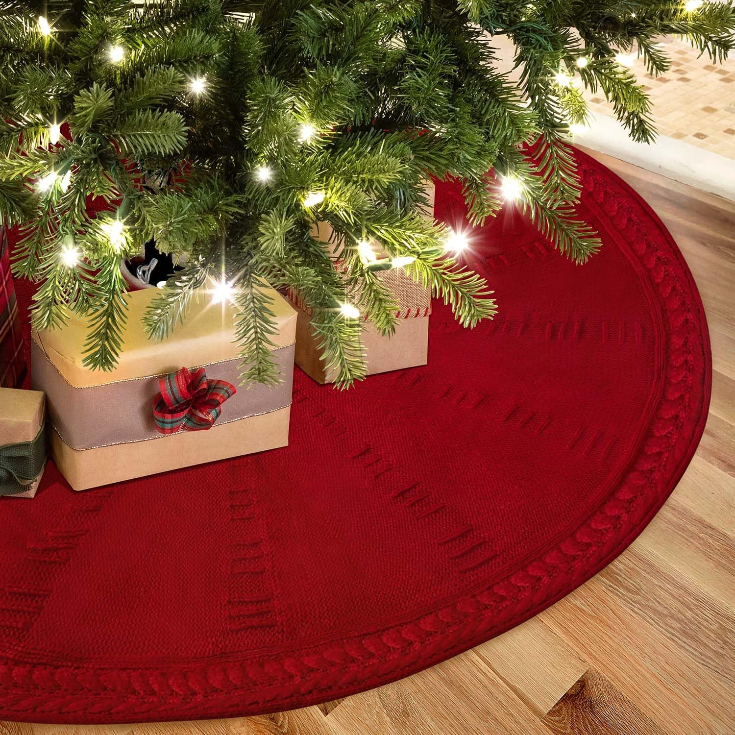 EIMMBD Christmas Tree Skirt, 48 inches Cable Knit Knitted Thick Rustic Christmas Trees Decoration for Xmas Indoor Home Holiday(A-Beige)