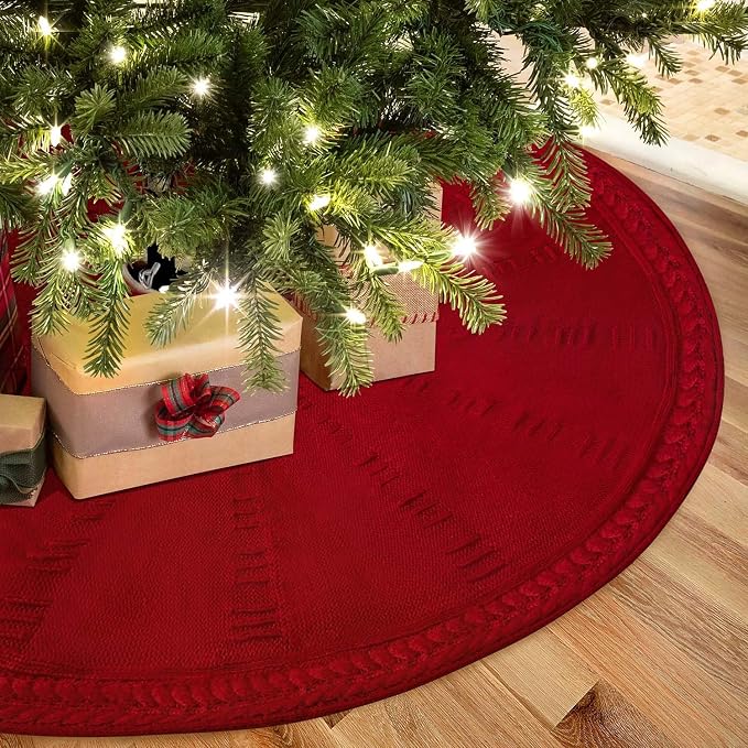 EIMMBD Christmas Tree Skirt, 48 inches Cable Knit Knitted Thick Rustic Christmas Tree Decoration for Xmas Indoor Home Holiday(A-Red)