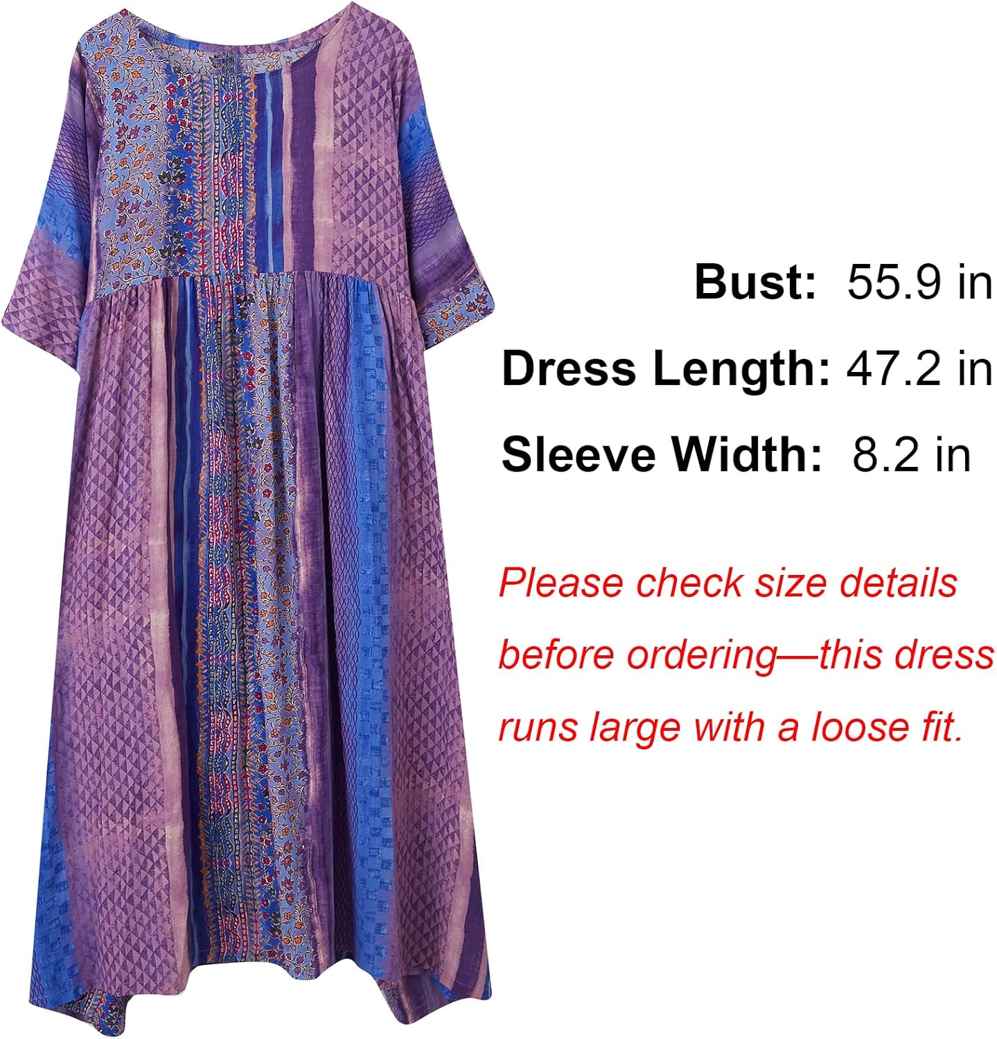 Women Summer Dress with Pockets Plus Size Boho Floral Print Round Neck Loose Casual Flowy Dress - Image 5