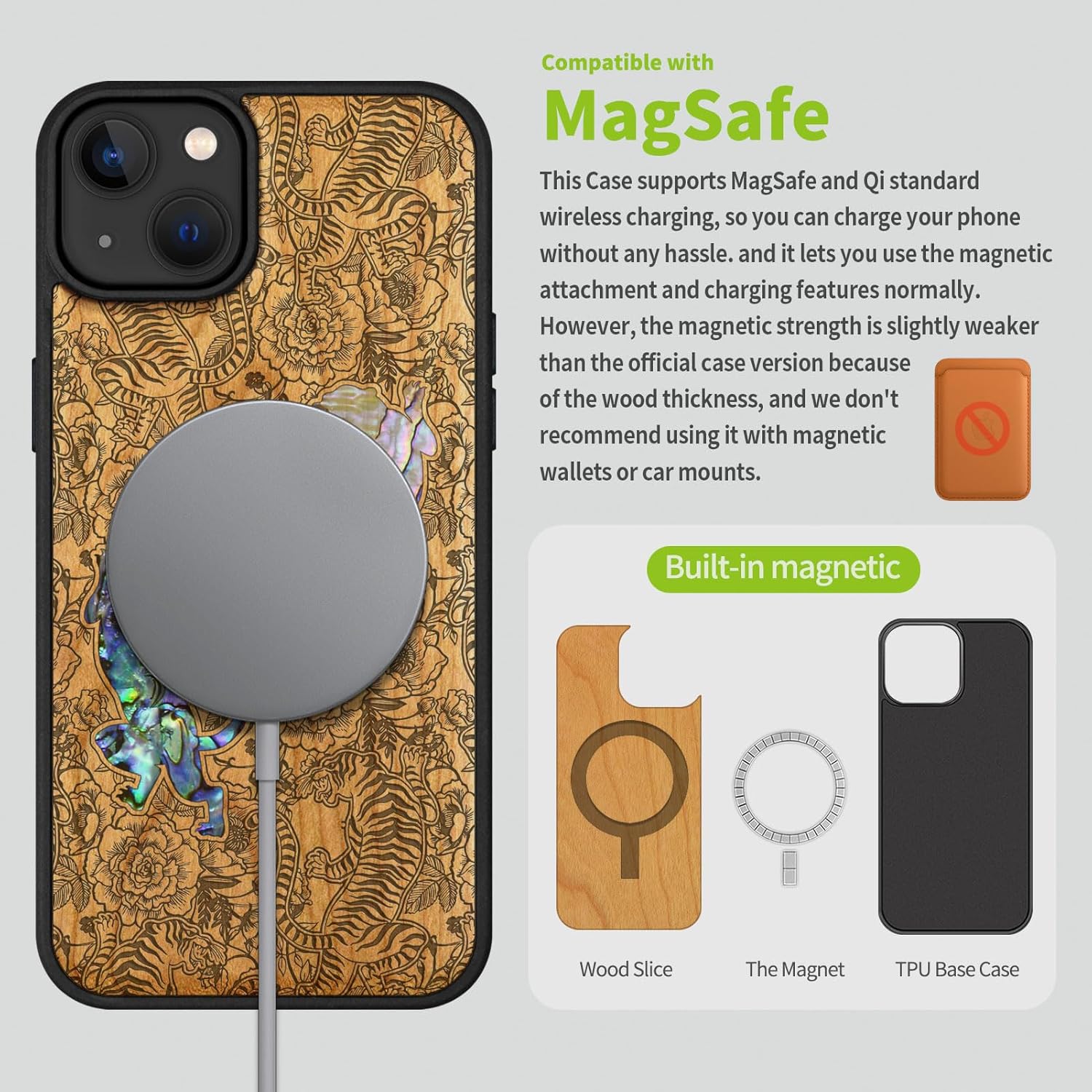 Carveit Wooden Case for iPhone 15 Plus Magnetic Case, Compatible with MagSafe Wireless Chargers, Shockproof Cover, Handmade Shell Inlaid & Wood Artisan Engraved (Tiger Amidst Flowers) Cherry