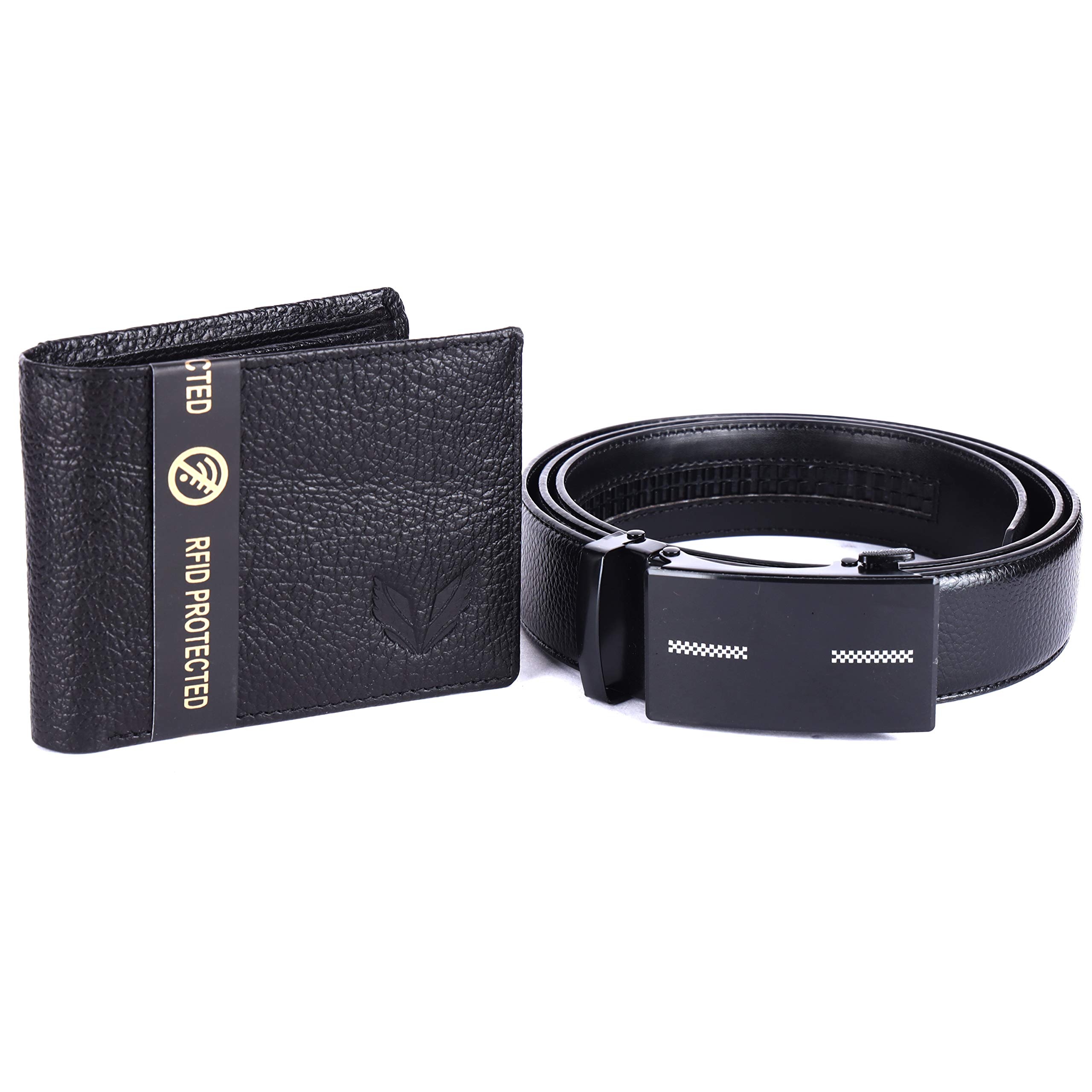 VOGARD Leather Auto Lock Buckle Belt and RFID Protected Genuine Leather Wallet Combo (1528Black)