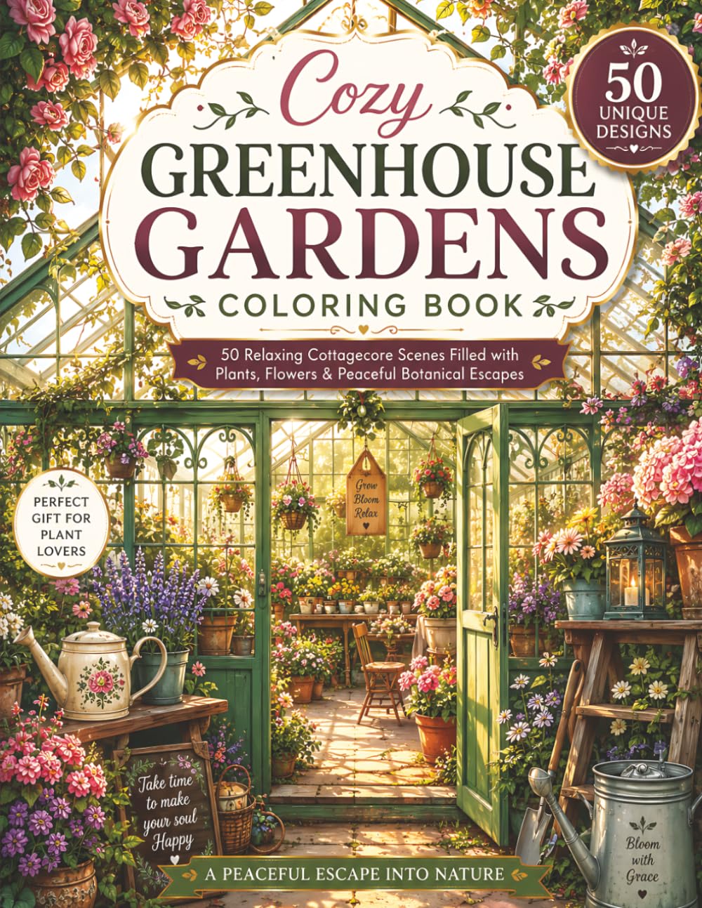 Cozy Greenhouse Gardens Coloring Book: 50 Relaxing Cottagecore Scenes Filled with Plants, Flowers and Peaceful Botanical Escapes for Adults and Teens
