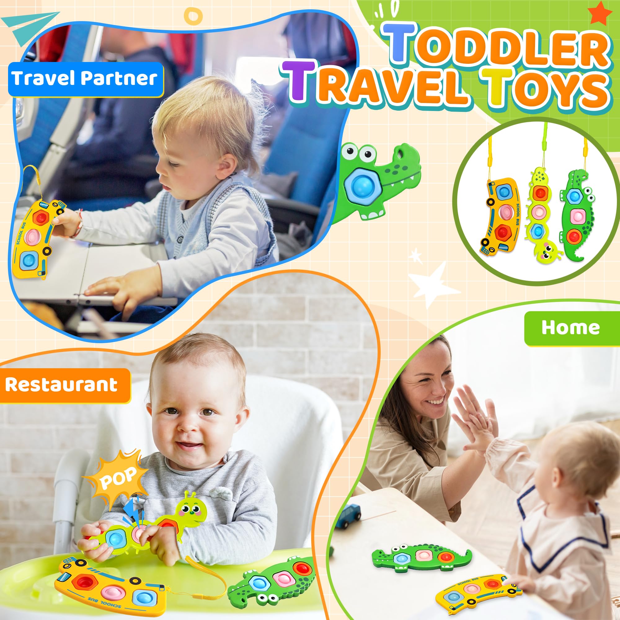 Pop it Fidget Toys per bambini, 3 pezzi, fidget popper, aereo, attività di viaggio, essenziali, sensoriali, spinner Montessori, giocattolo per apprendimento precoce, regalo per bambini di 1, 2, 3 anni