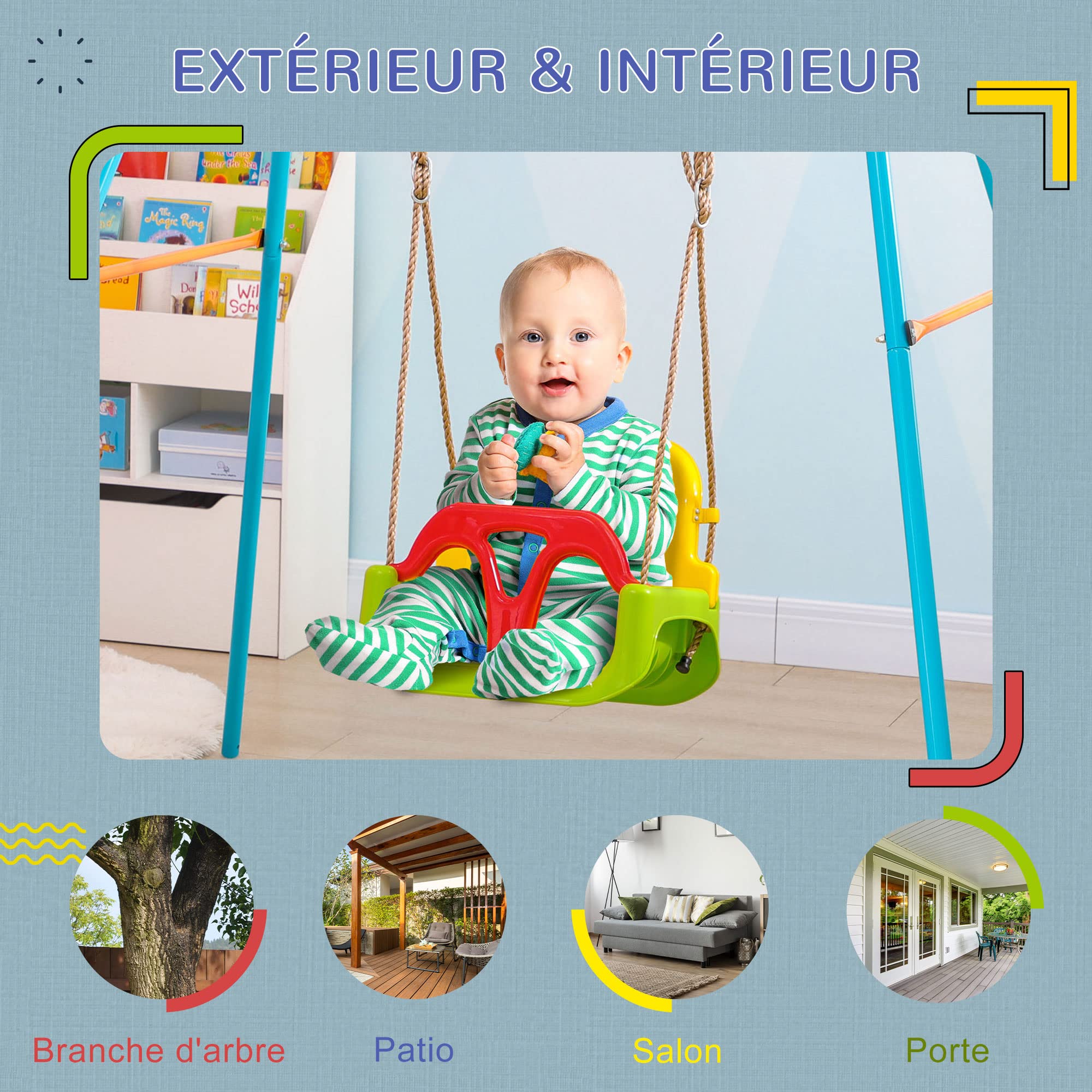 Outsunny Balançoire siège 3 en 1 évolutif pour Enfant avec Dossier et Barre en T Amovibles - de 9 à 36 Mois - intérieur extérieur - Hauteur Ajustable Vert