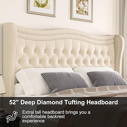 Miniatura 4 de Generic Base de cama Queen con cabecera tapizada de 52 pulgadas con cabecera alta y plataforma capitoné tapizada en terciopelo con botones