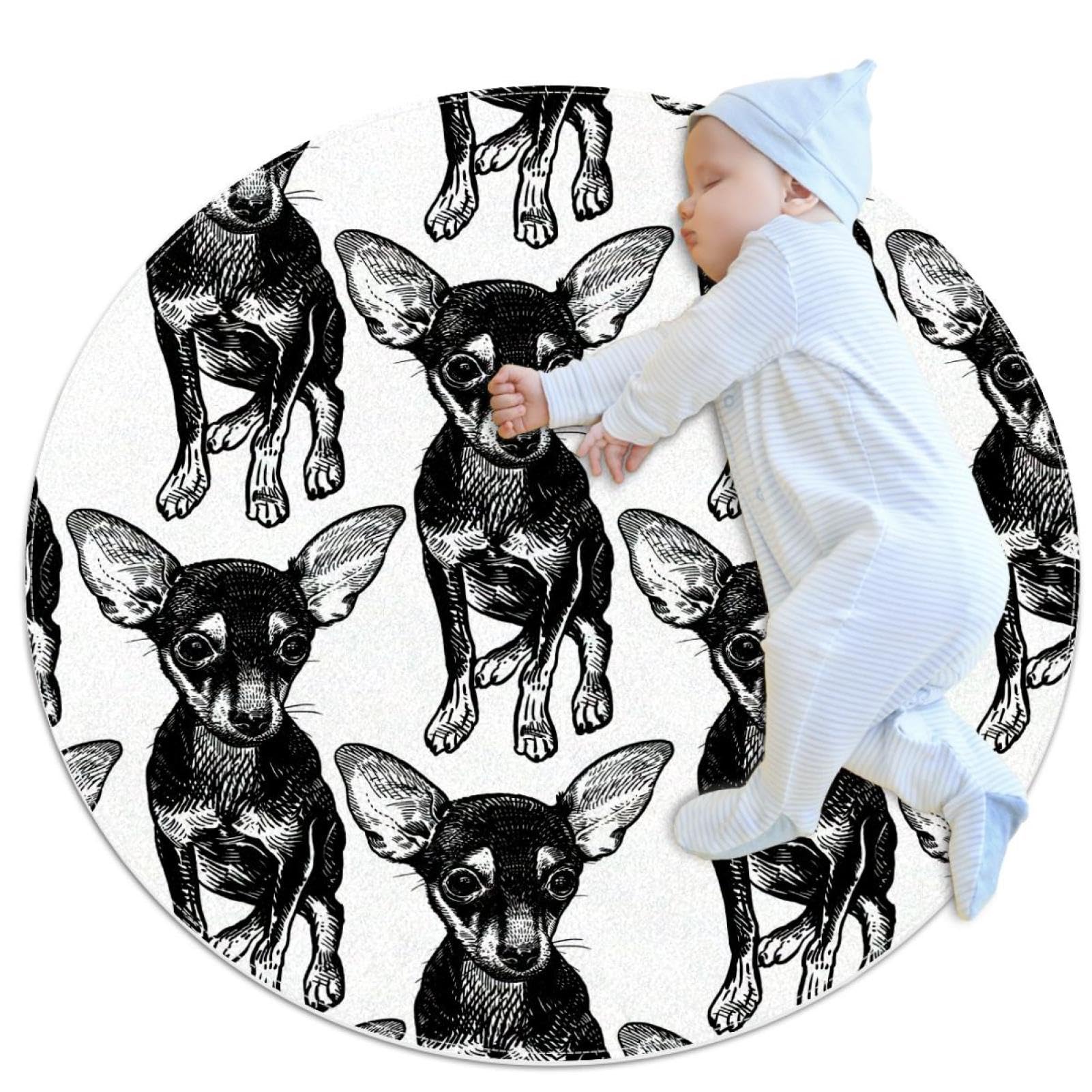 Tapis de bain antidérapant chihuahua noir rond de 1m pour sécuriser le sol