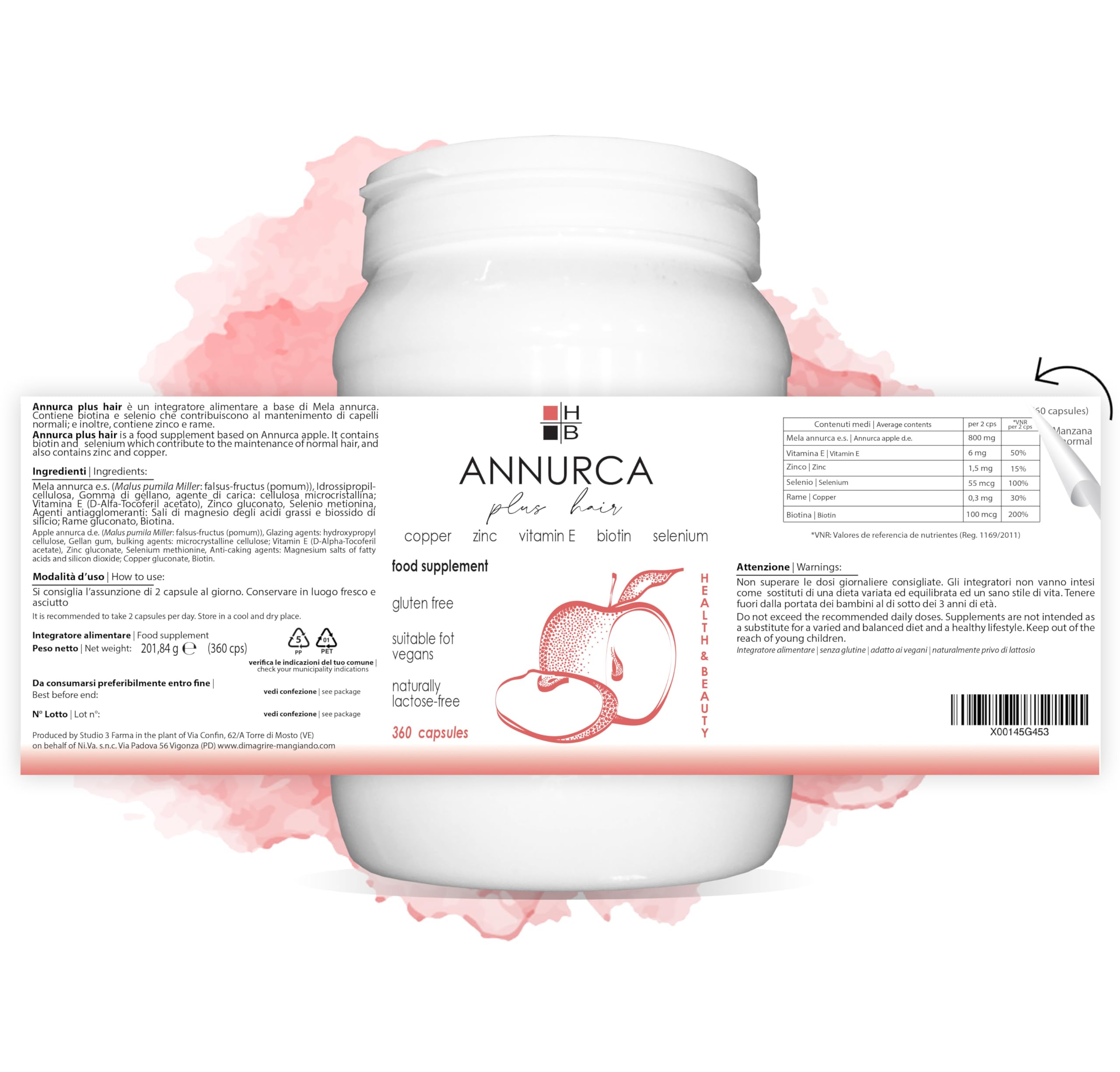 ANNURCA plus hair | 360 cápsulas | suplemento alimenticio para un pelo bonito y fuerte | con vitaminas y minerales | producto italiano