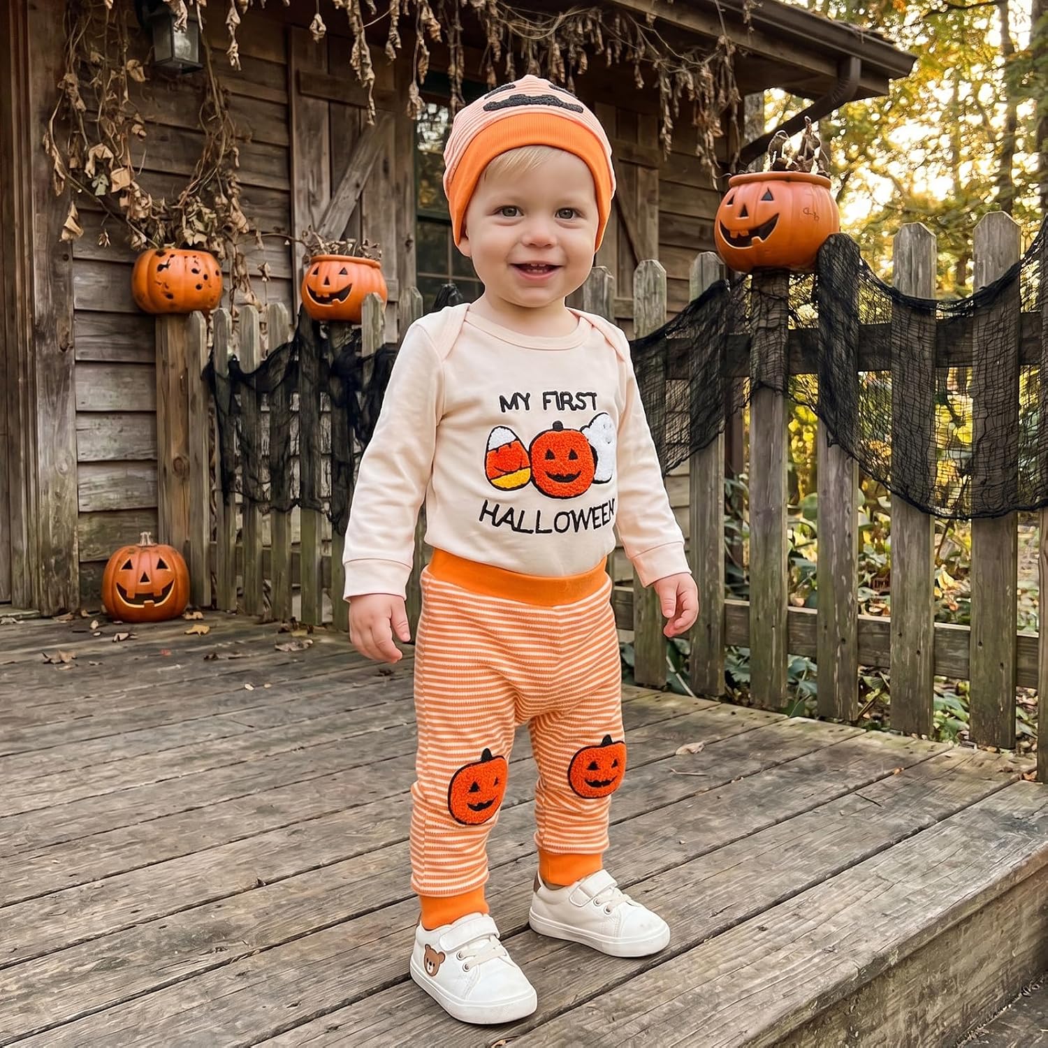 Baby Boy My First Halloween Outfits Pumpkin Ghost Embroidery Long Sleeve Romper Elastic Waist Pants and Hat