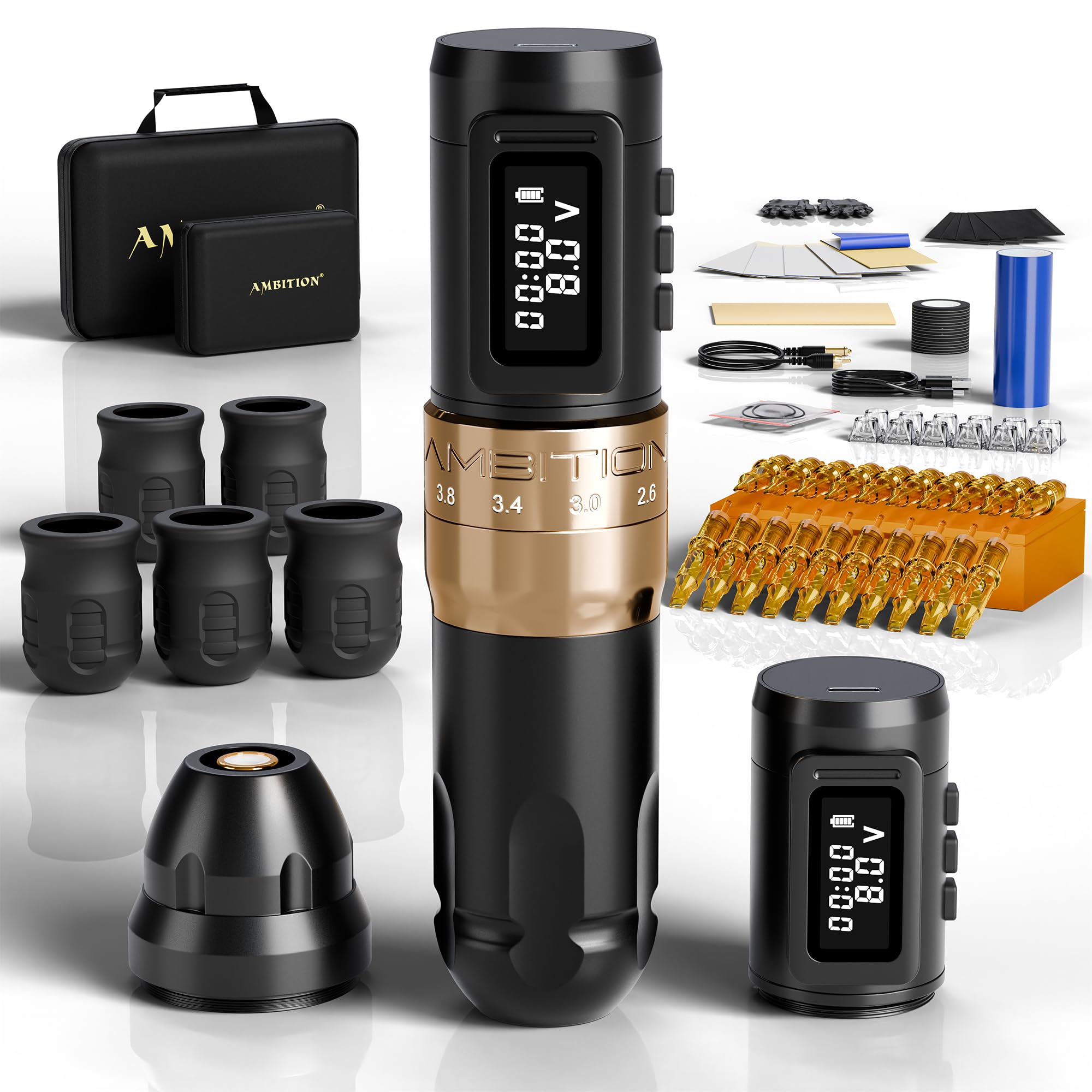 Ambition Mars-U Kompletny Zestaw Tatuażu Bezprzewodowa Maszynka Pen z Regulowanym Skokiem, 2×1800mAh Baterie, 20 Igieł Kartridżowych Glory dla Artystów i Początkujących