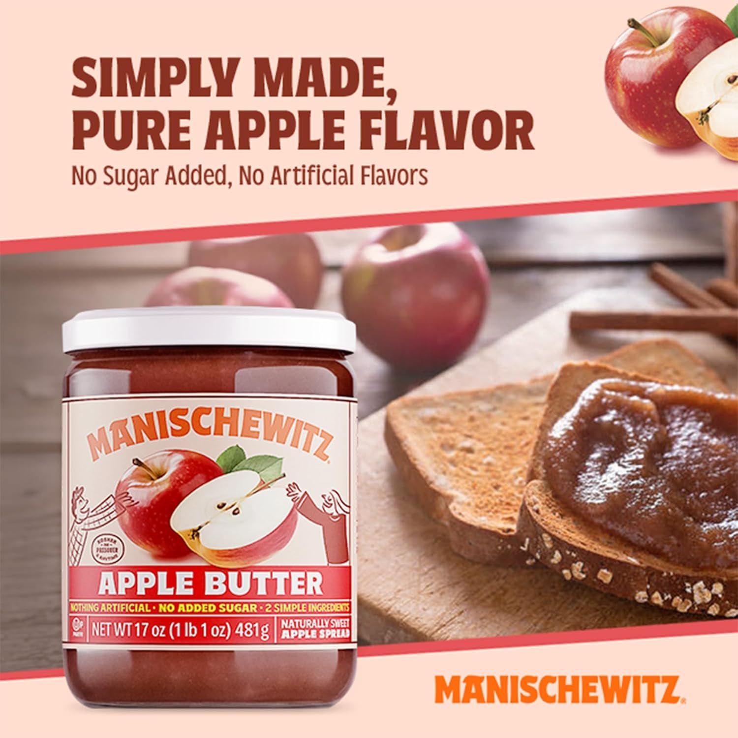 Manischewitz Apple Butter, 17oz (2 Pack) | Smooth & Sweet Spread, Great for Sauces & Glazes, No Sugar Added