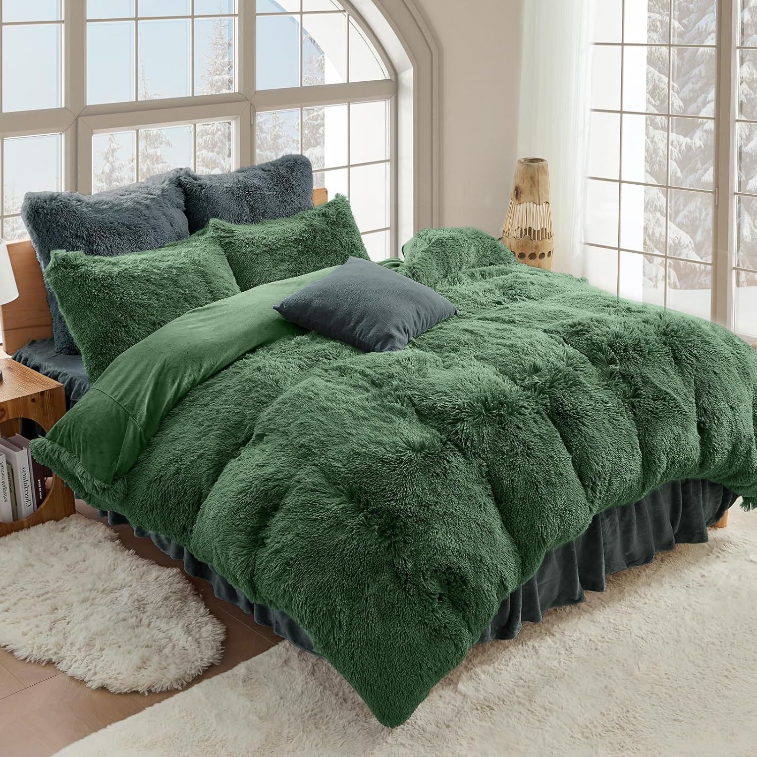 Sasttie 3-Piece Fluffy Duvet Cover Full, Ultra Soft Faux Fur and Velvet Sage Comforter Cover, Luxury Fuzzy Bedding Sets for Winter Bed, Includes 1 Duvet Cover and 2 Pillowcases, No Comforter