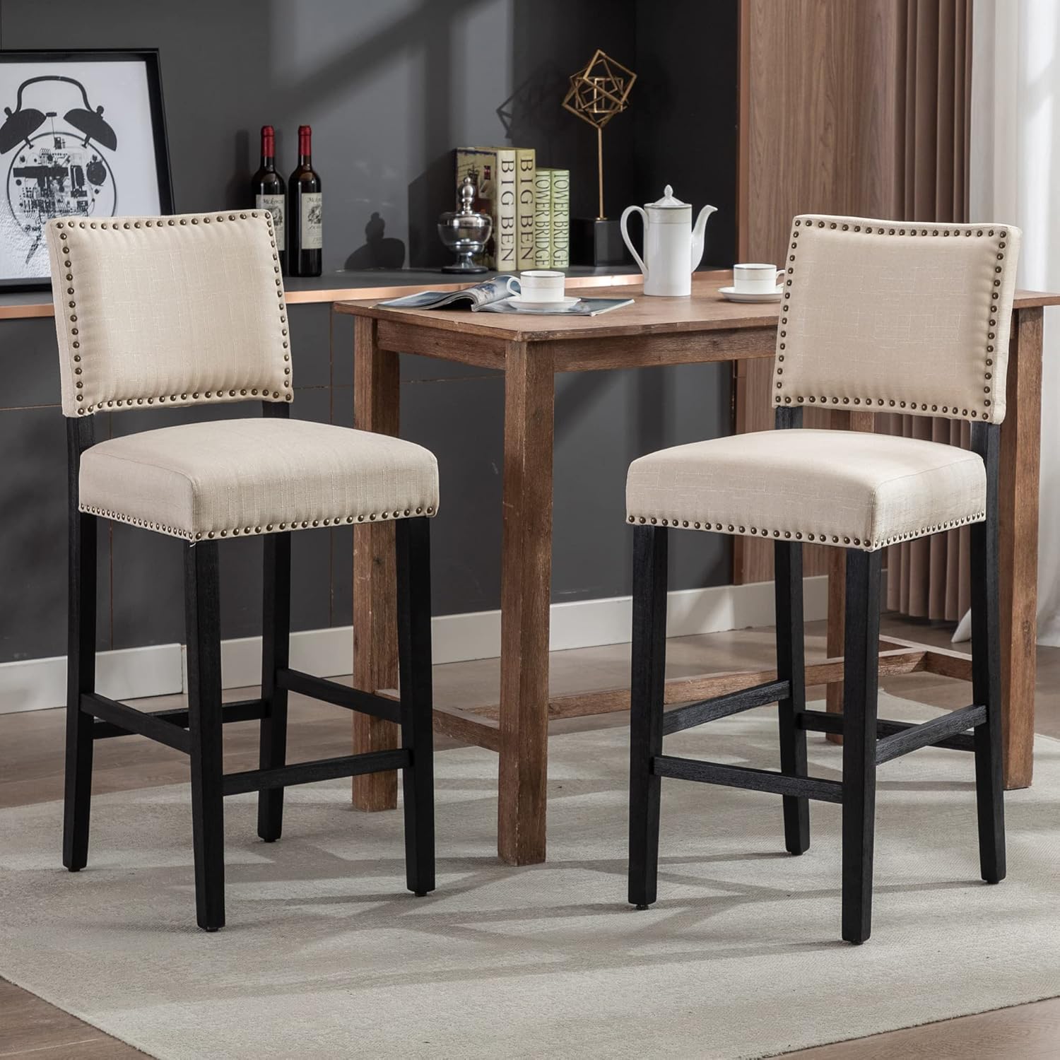 KCC 29 Inches Bar Stools Set of 2 Upholstered Bar Chair for Kitchen Islands Nail Head Trim, Beige
