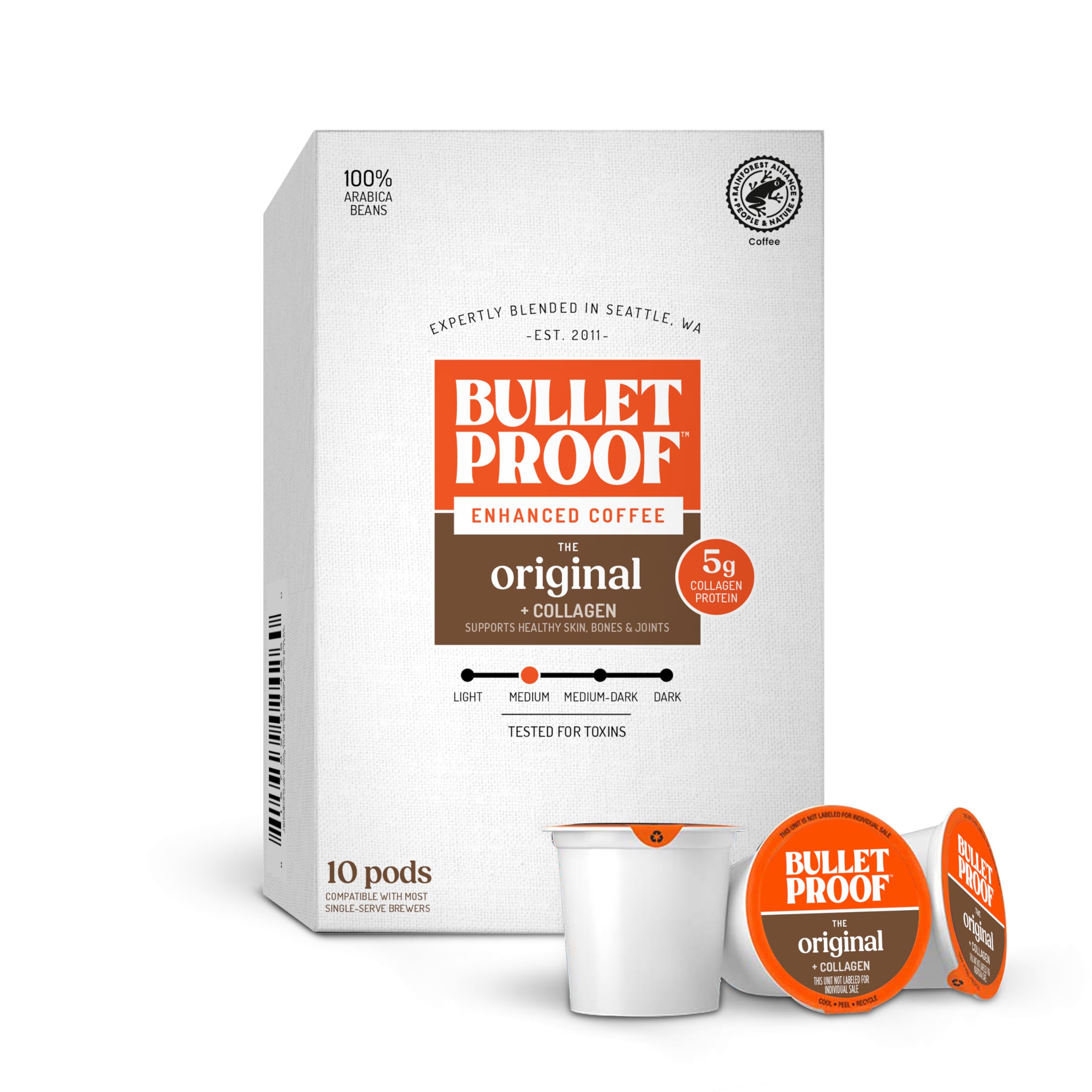 Bulletproof The Original + Collagen Single-Serve Coffee Pods, 10 Count, 100% Arabica Coffee Sourced from Guatemala, Colombia & El Salvador with Collagen…