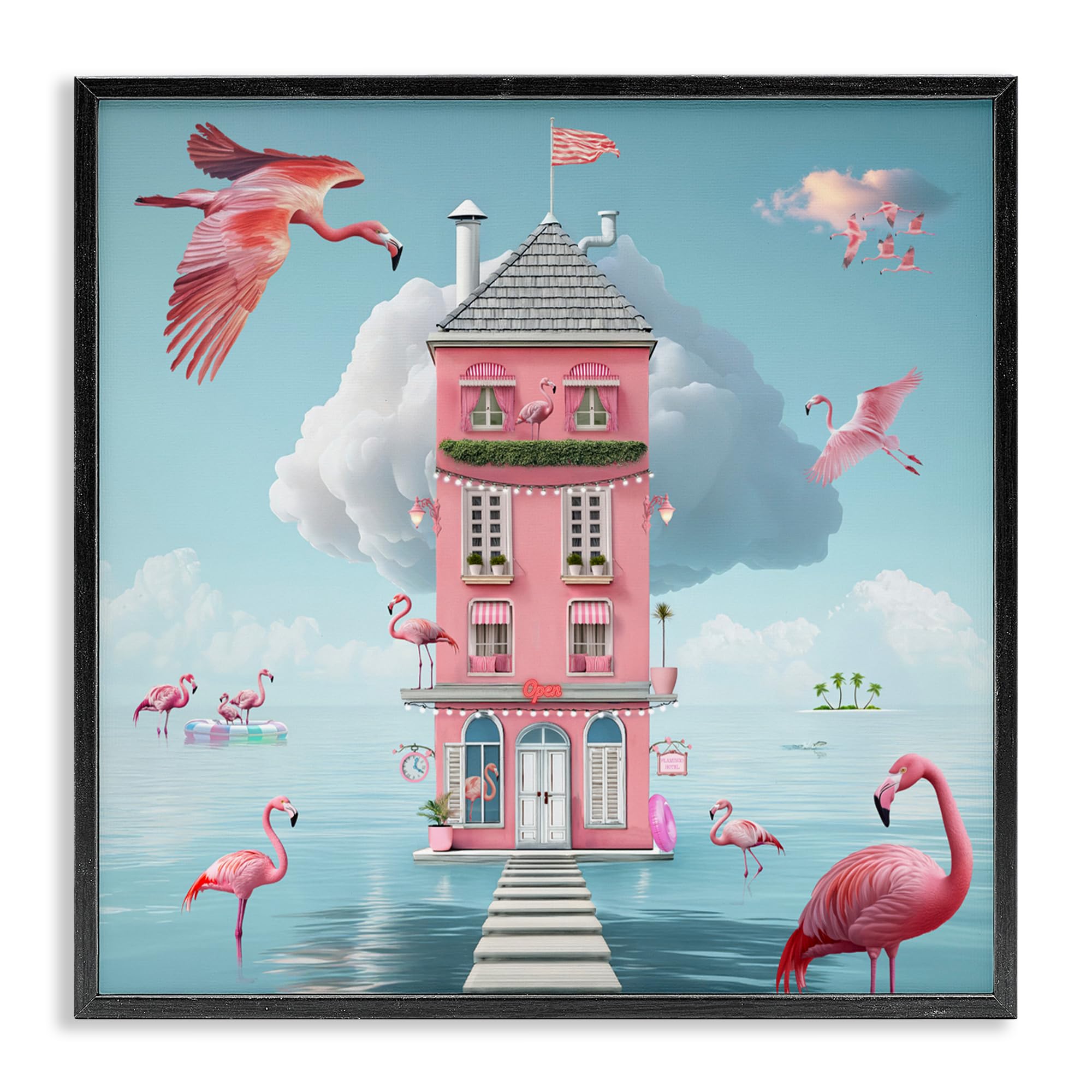 Hôtel flamant rose sur l'eau Giclée encadrée Stupell Industries 24x24cm