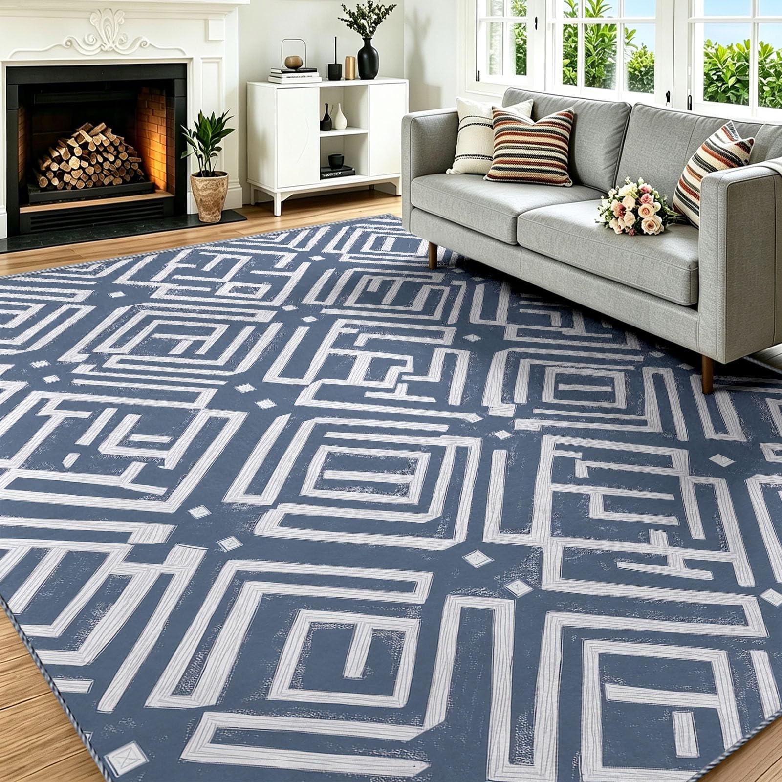 Tapis salon géométrique nordique bleu 60x110 cm poil ras doux de maison