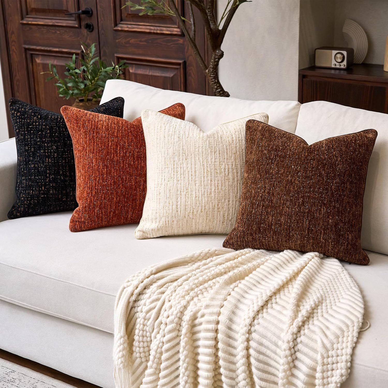 Aeckself Decorative Chenille Striped Throw Pillow Covers Vintage Couch Pillows 18x18 Inch Set of 2 Neutral Boho Farmhouse Cushion Covers Modern Home Decor for Sofa Bed Living Room Black - Image 7