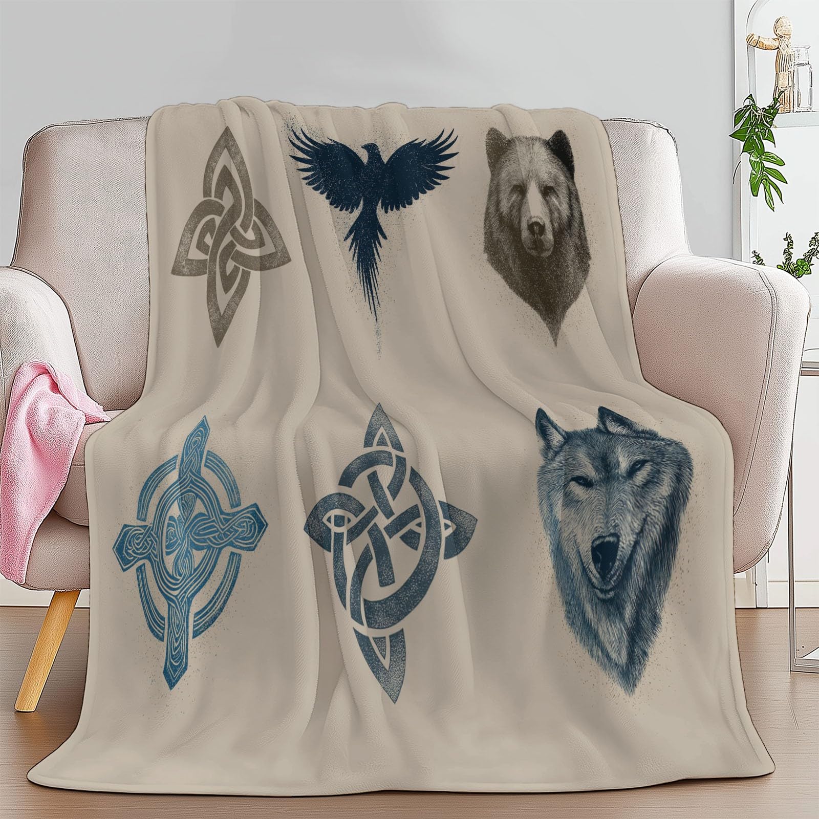 Podwójny koc polarowy 180 x 200 cm Runiczny Wilk Symbol na sofę i łóżko, ciepły i miękki koc z polaru flanelowego, kremowy - do łóżek na sofę i meble