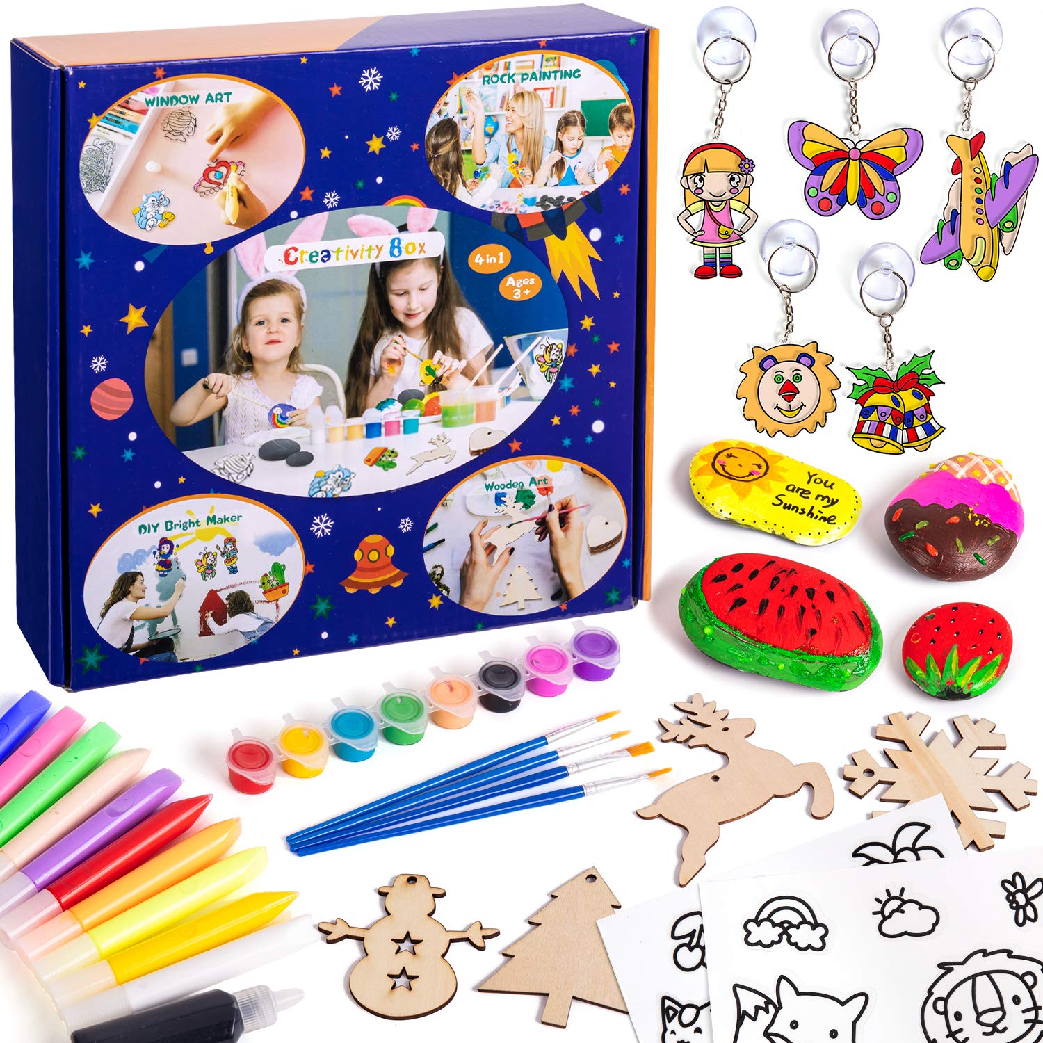 Tigerhu Kids Arts and Crafts Supplies - Includes Hide & Seek Rock Painting,Window Art Painting,Painting Your Own Wooden Art and Stickers,Perfect for Kids