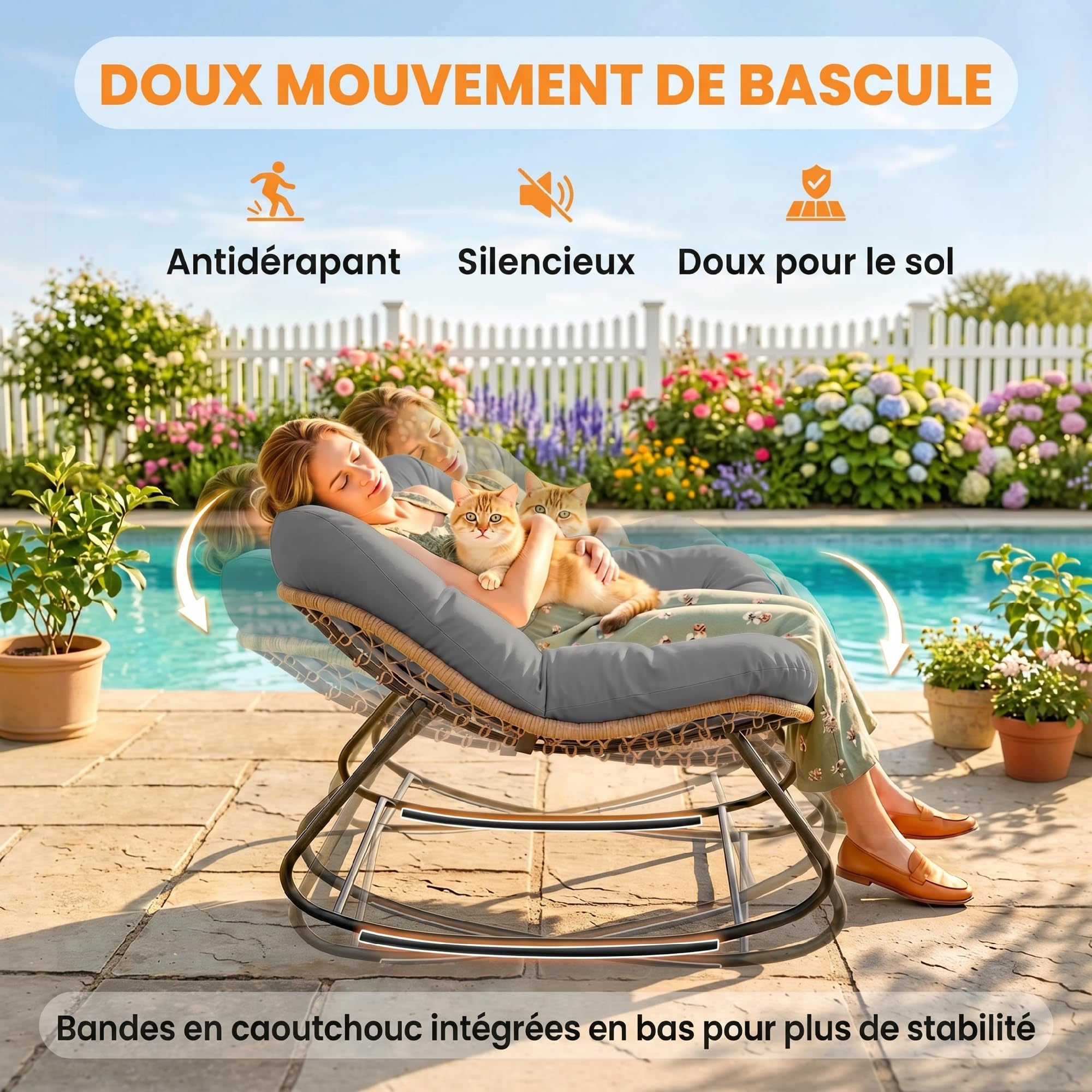 Outsunny Fauteuil à Bascule Papasan, Fauteuil à Bascule Intérieur Extérieur en Résine Tréssée avec Coussin, Chaise Ovale rembourrée en Rotin pour Salon, Jardin, Patio, Balcon, Gris